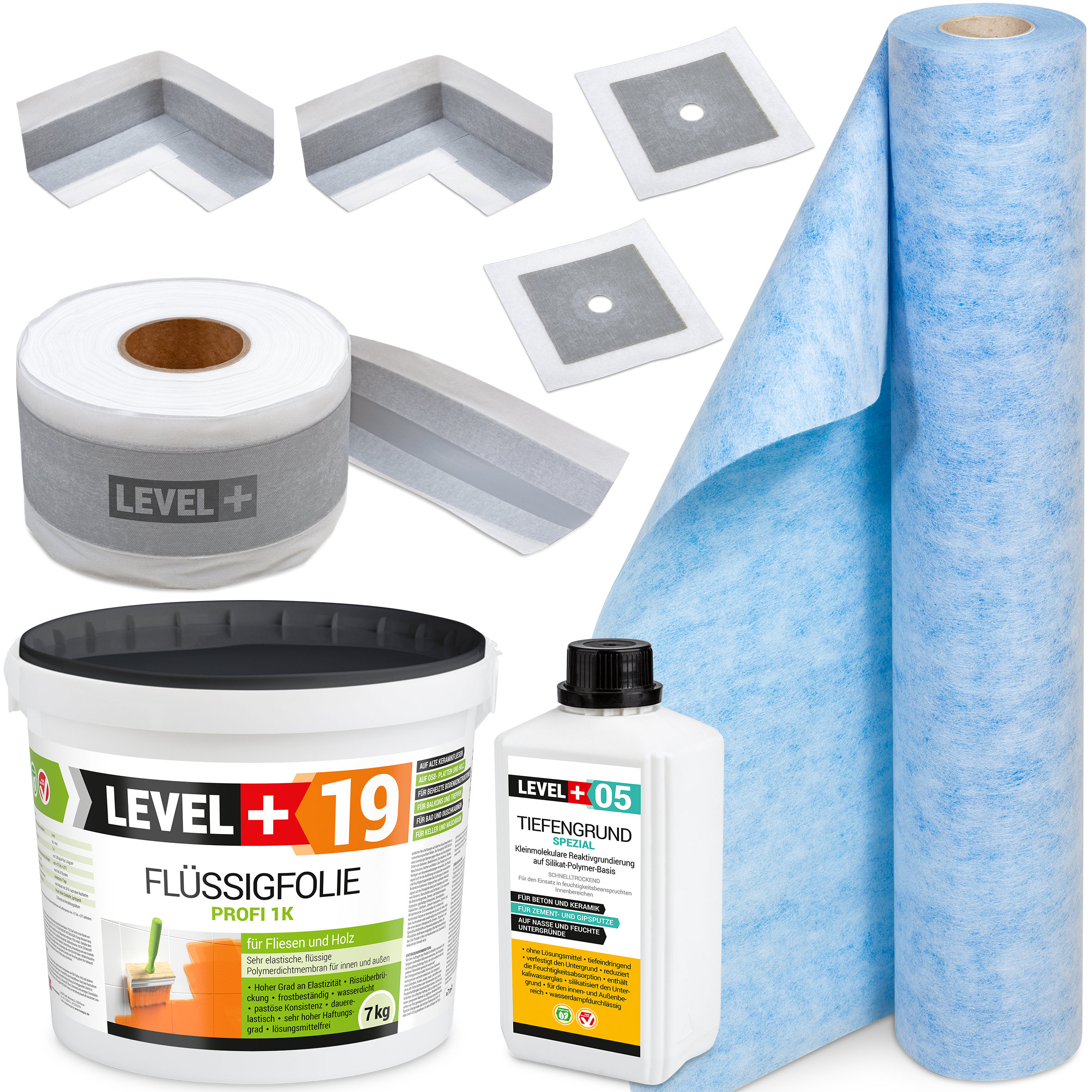 Zestaw do Hydroizolacji Folia w płynie 7kg Taśma 5mb Grunt 1L Mankiety Narożniki Łazienka Mata LEVEL+ SET544