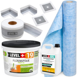 Zestaw do Hydroizolacji Folia w płynie 12kg Taśma 10mb Grunt 5L Mankiety Narożniki Łazienka Mata LEVEL+ SET547