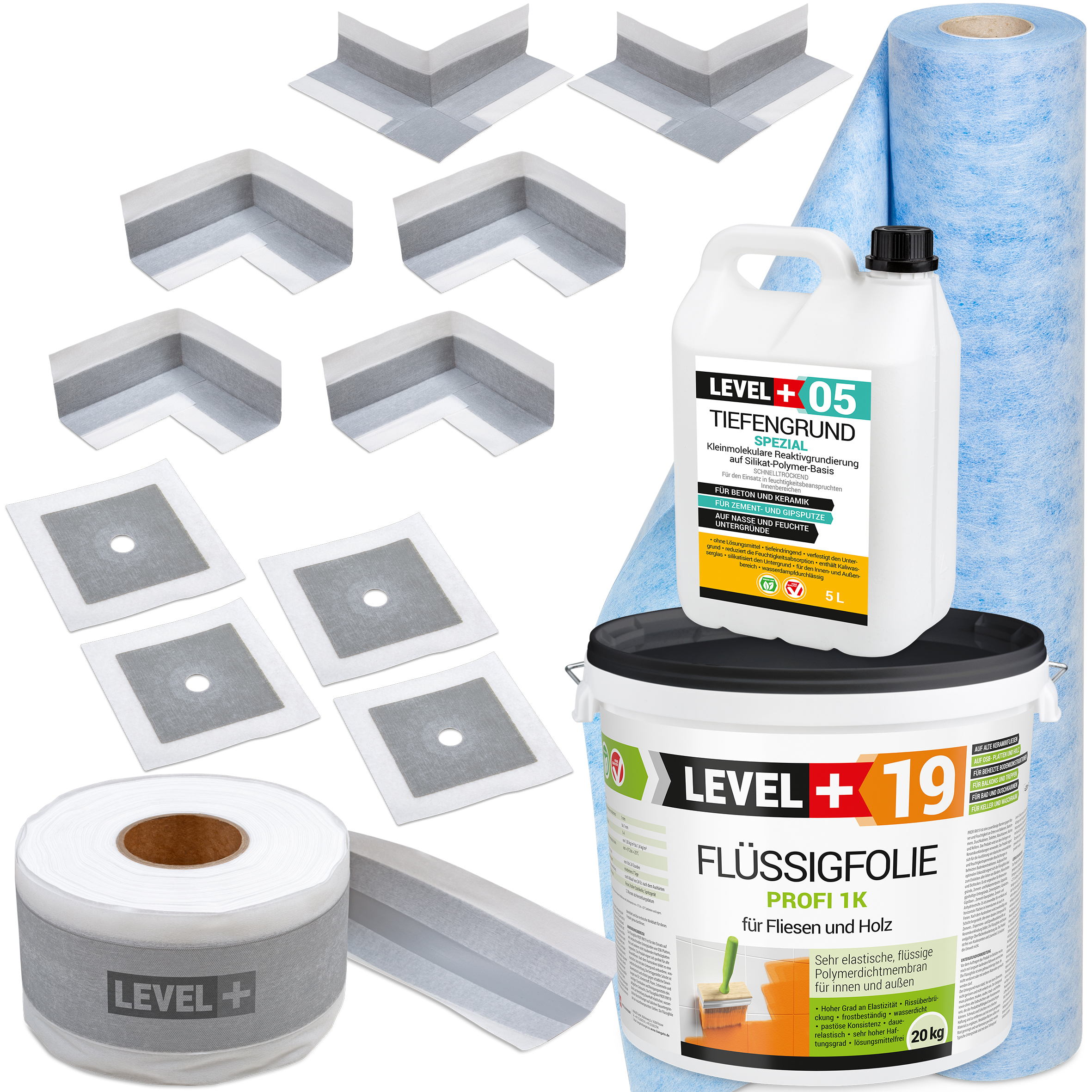 Zestaw do Hydroizolacji Folia w płynie 20kg Taśma 20mb Grunt 5L Mankiety Narożniki Łazienka Mata LEVEL+ SET548