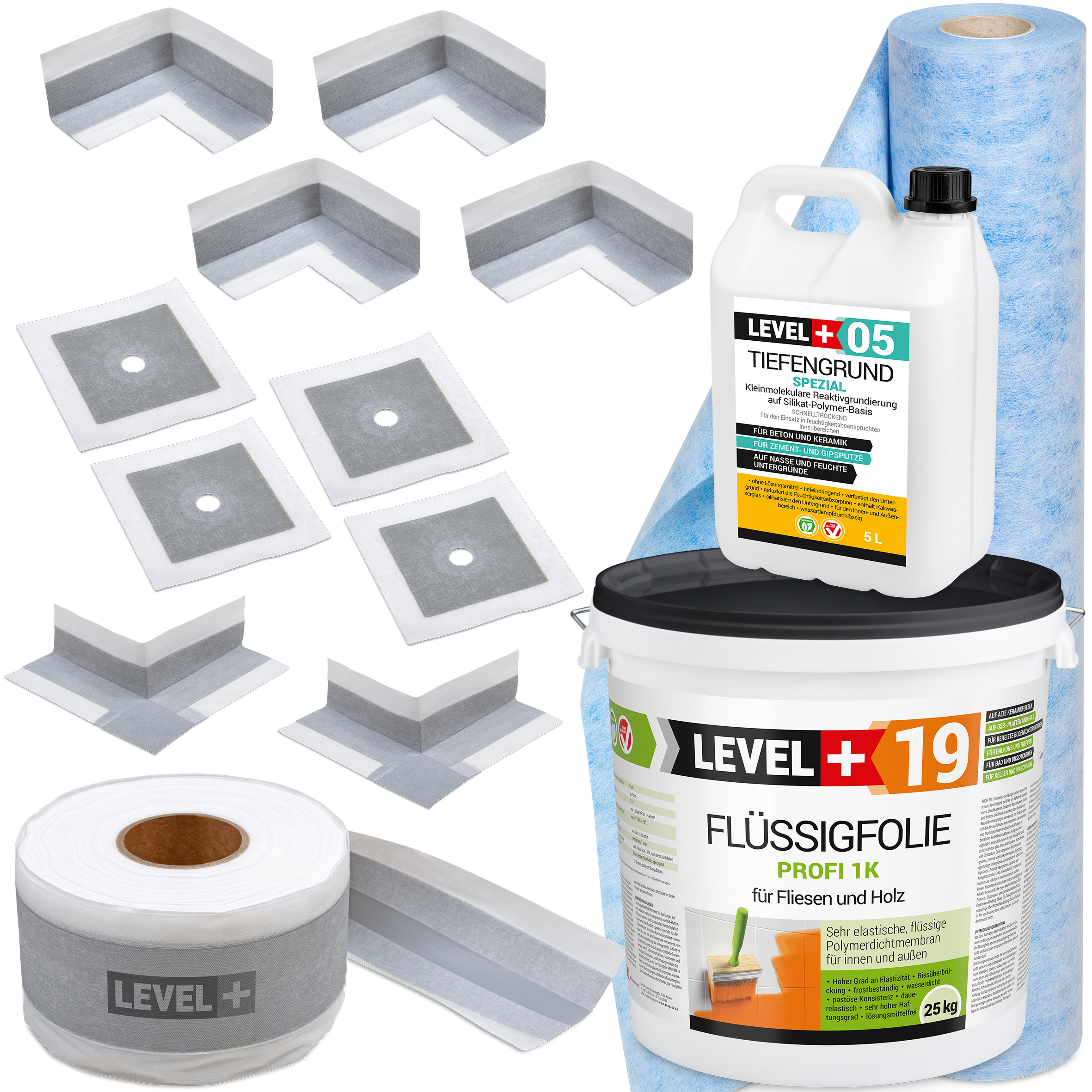 Zestaw do Hydroizolacji Folia w płynie 25kg Taśma 30mb Grunt 5L Mankiety Narożniki Łazienka Mata LEVEL+ SET549