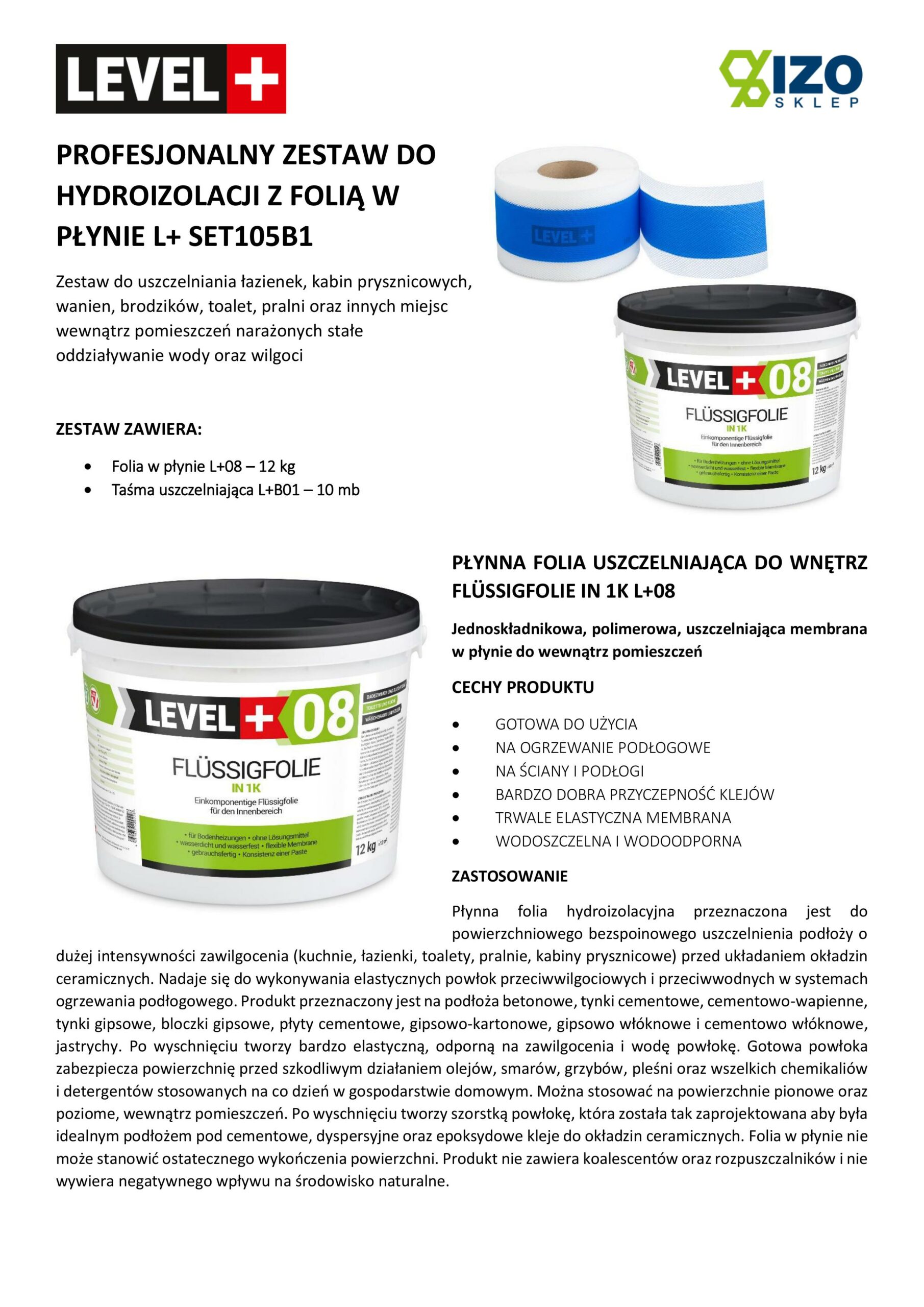 Zestaw do Hydroizolacji Folia w Płynie 12kg Taśma uszczelniająca niebieska 10mb - LEVEL+ SET105B1 - obrazek 4