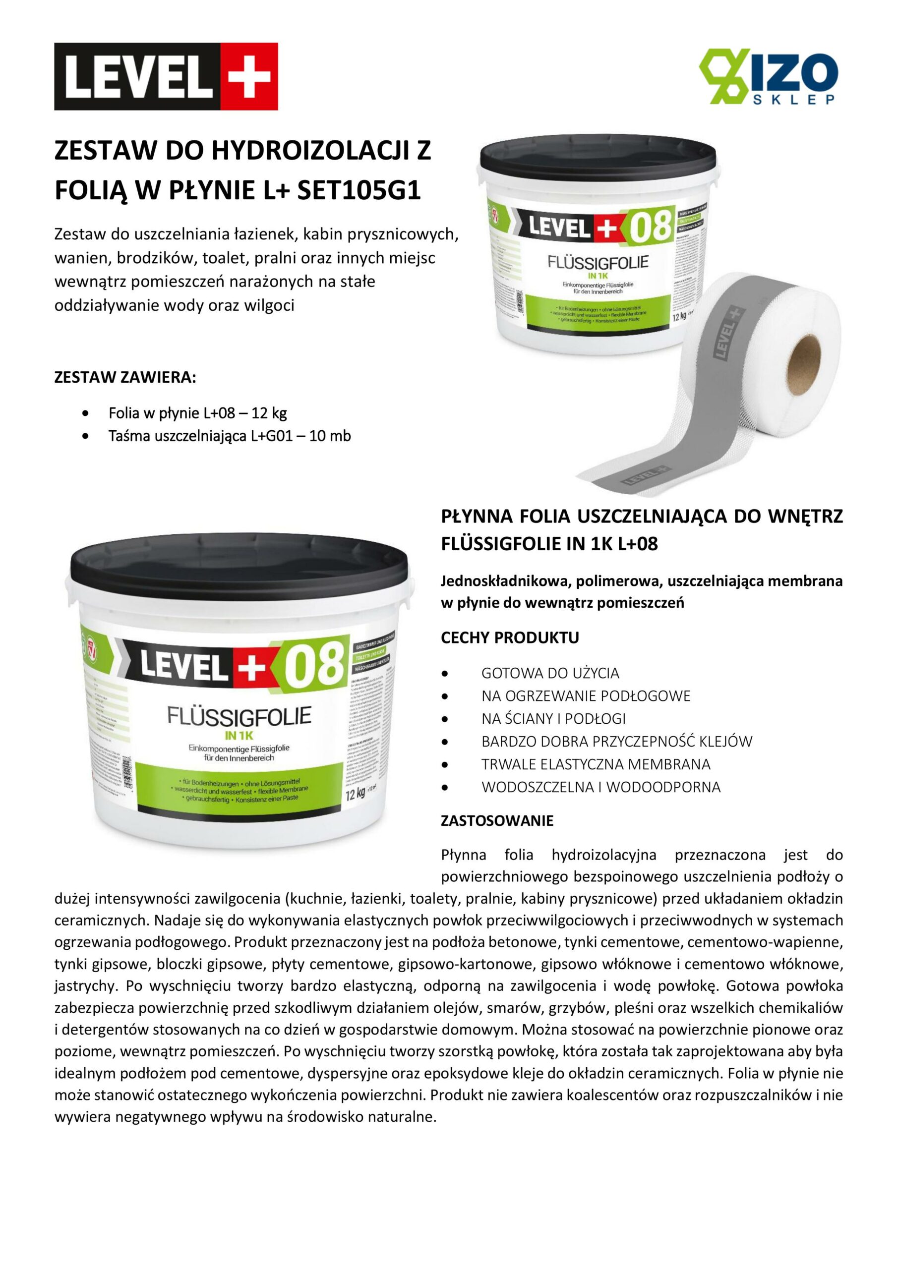 Zestaw do Hydroizolacji Folia w Płynie 12kg Taśma uszczelniająca szara 10mb - LEVEL+ SET105G1 - obrazek 4