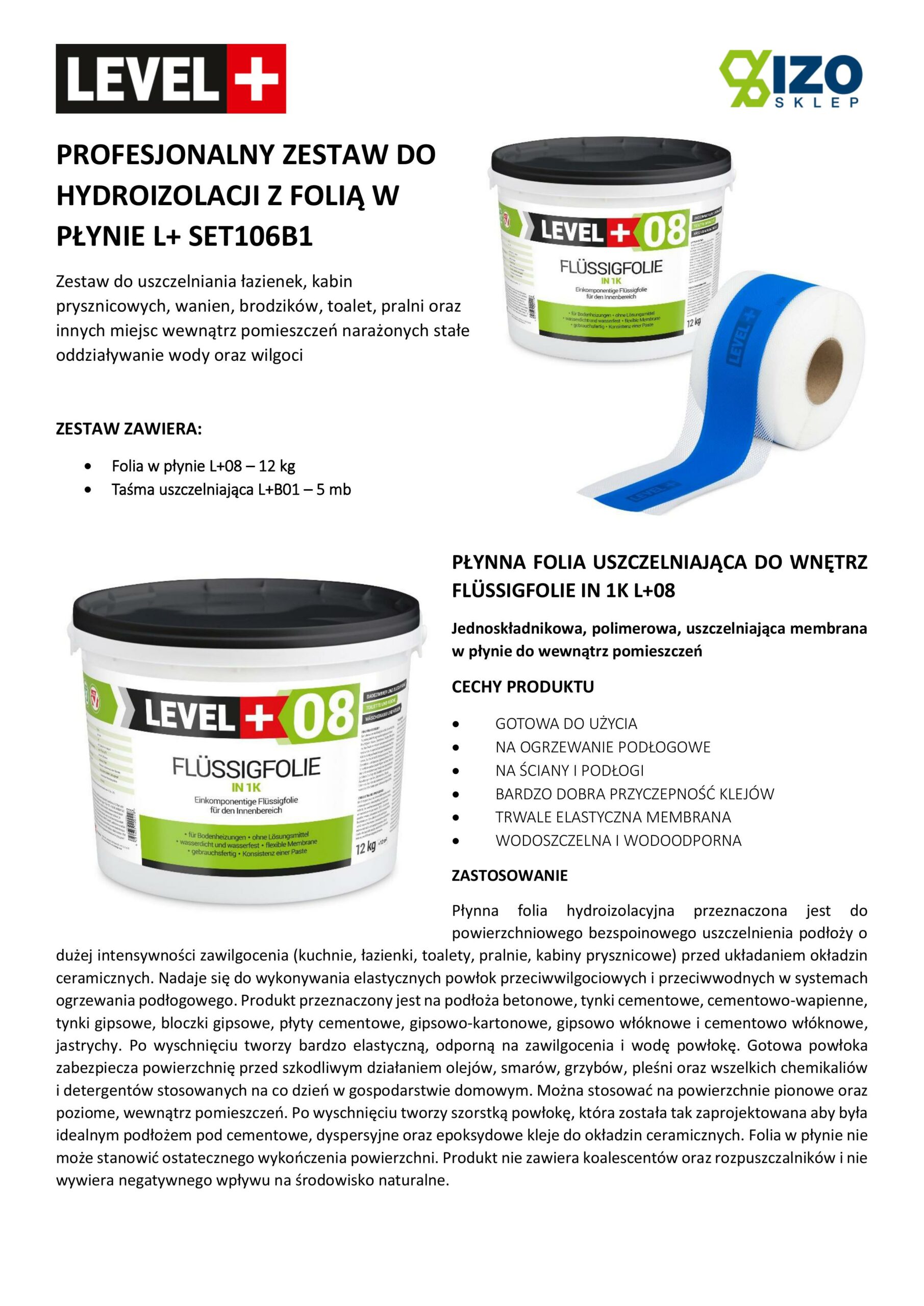 Zestaw do Hydroizolacji Folia w Płynie 12kg Taśma uszczelniająca niebieska 5mb - LEVEL+ SET106B1 - obrazek 4