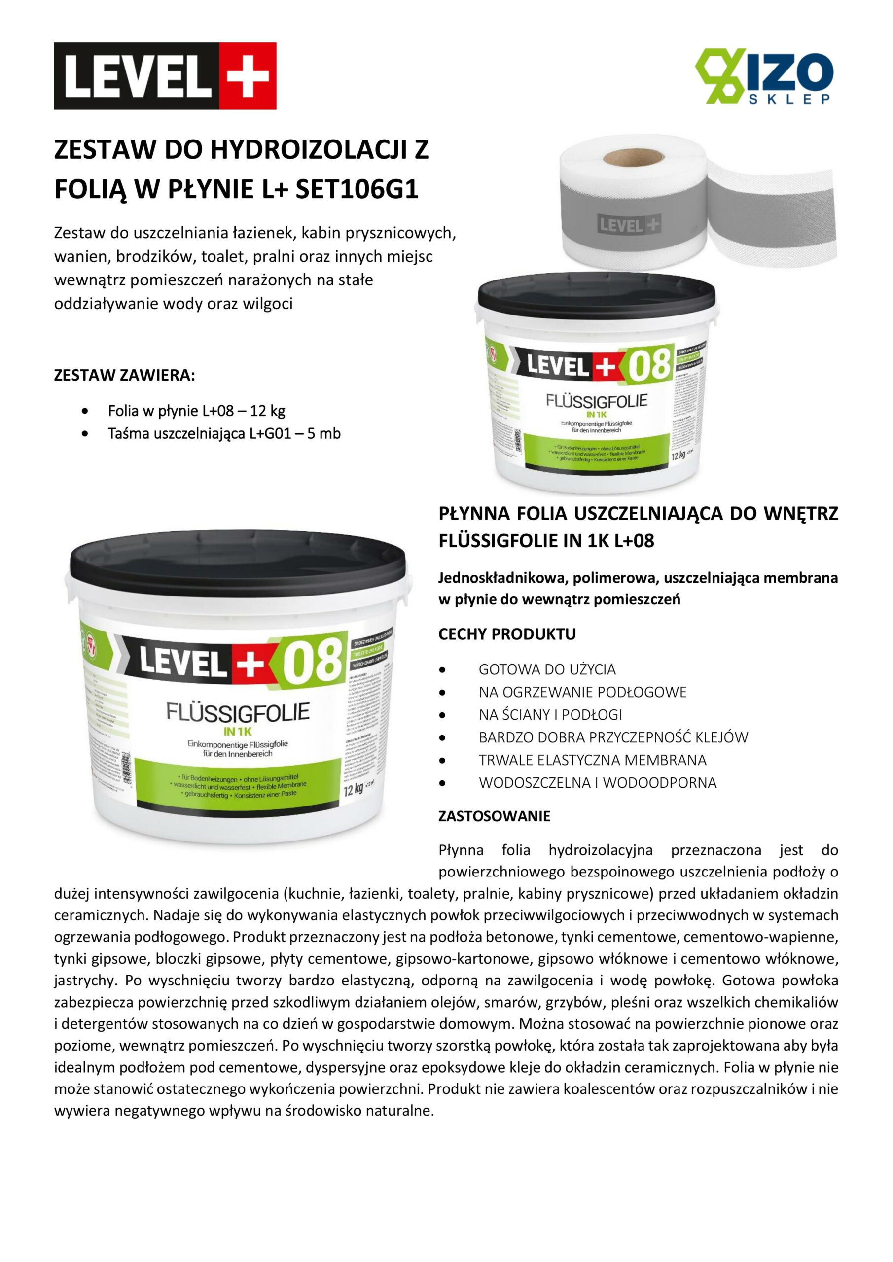 Zestaw do Hydroizolacji Folia w Płynie 12kg Taśma uszczelniająca szara 5mb - LEVEL+ SET106G1 - obrazek 4