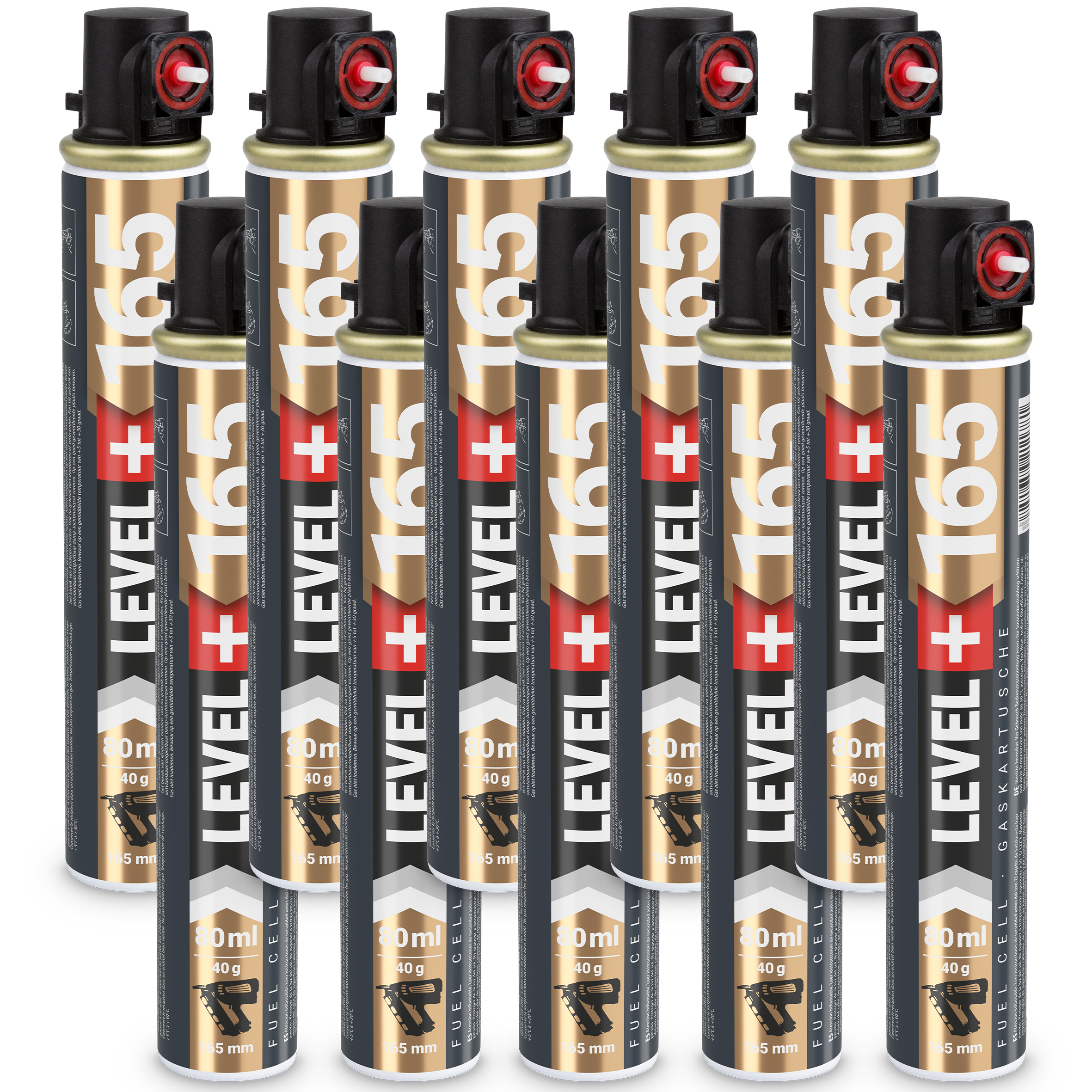 Gaz do Gwoździarek Gazowych 165mm 80ml 40g 10 szt. Nabój do Gwożdziarek Nabój Gazowy Czerwony Zawór LEVEL+ L+165