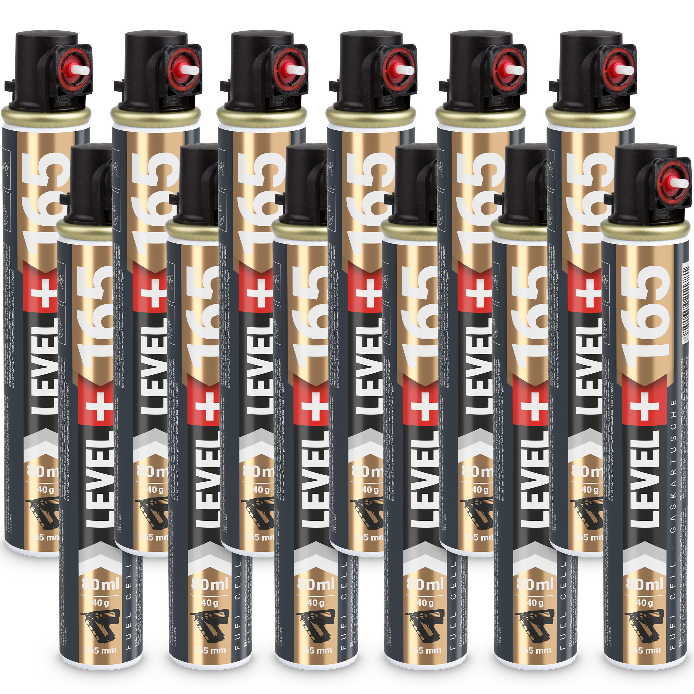 Gaz do Gwoździarek Gazowych 165mm 80ml 40g 12 szt. Nabój do Gwożdziarek Nabój Gazowy Czerwony Zawór LEVEL+ L+165
