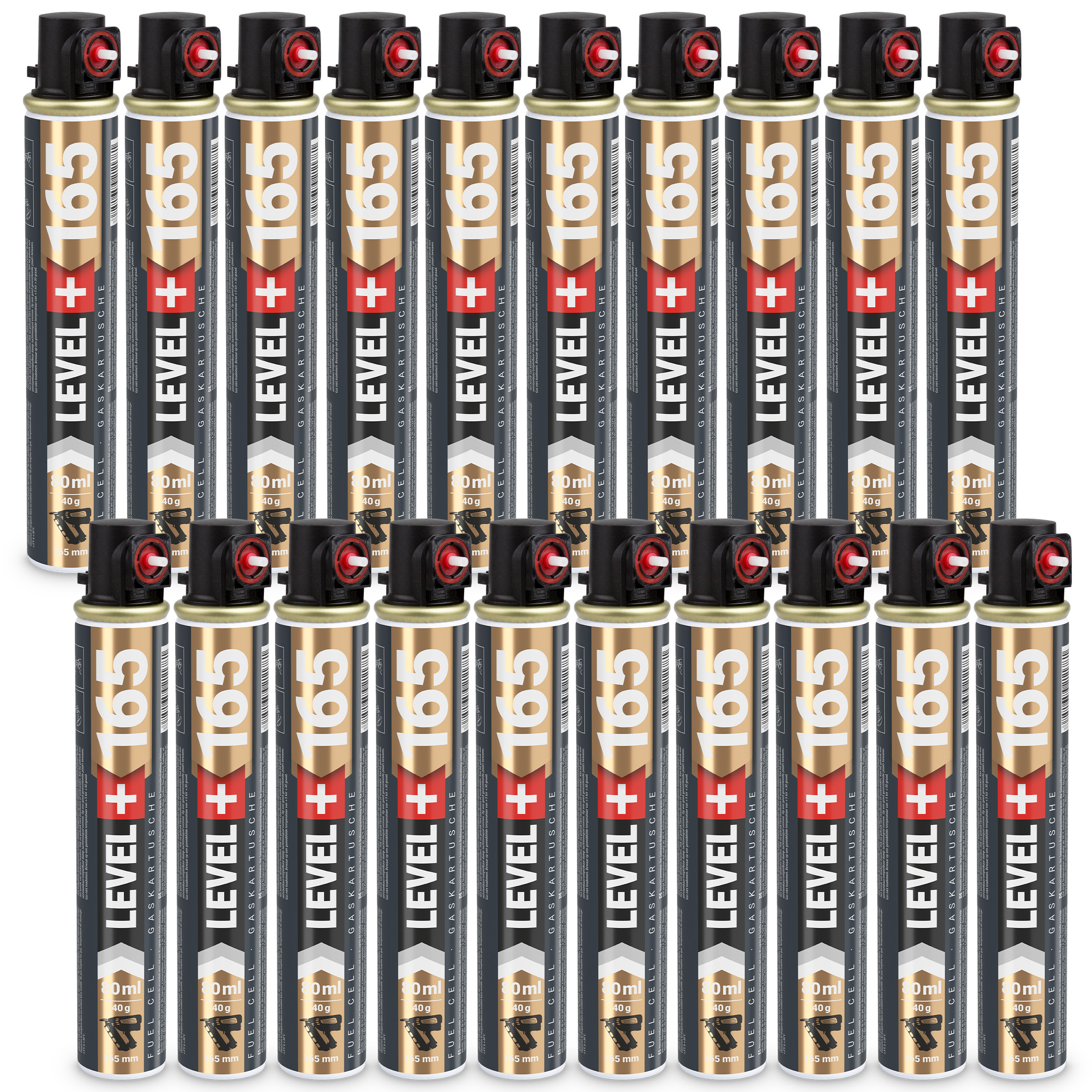 Gaz do Gwoździarek Gazowych 165mm 80ml 40g 20 szt. Nabój do Gwożdziarek Nabój Gazowy Czerwony Zawór LEVEL+ L+165