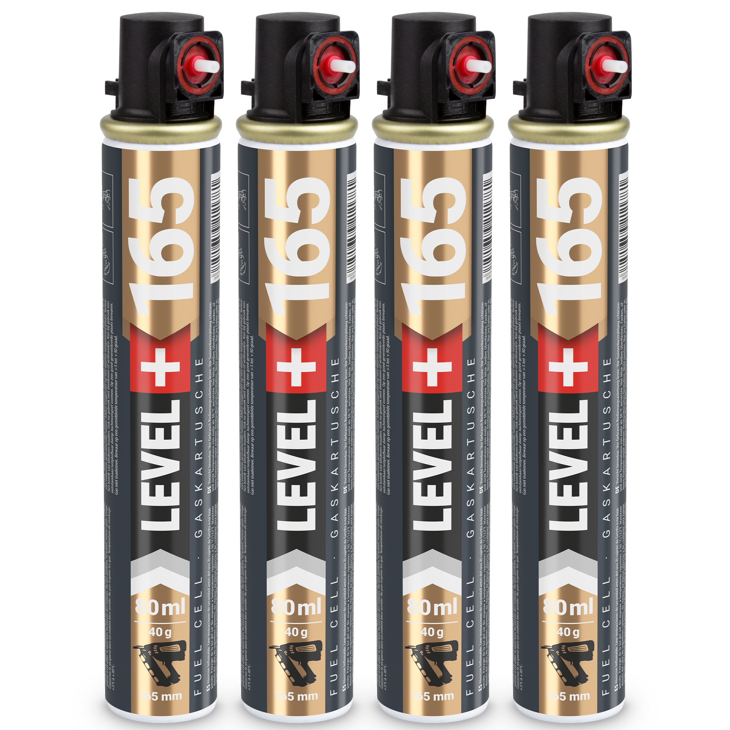 Gaz do Gwoździarek Gazowych 165mm 80ml 40g 4 szt. Nabój do Gwożdziarek Nabój Gazowy Czerwony Zawór LEVEL+ L+165