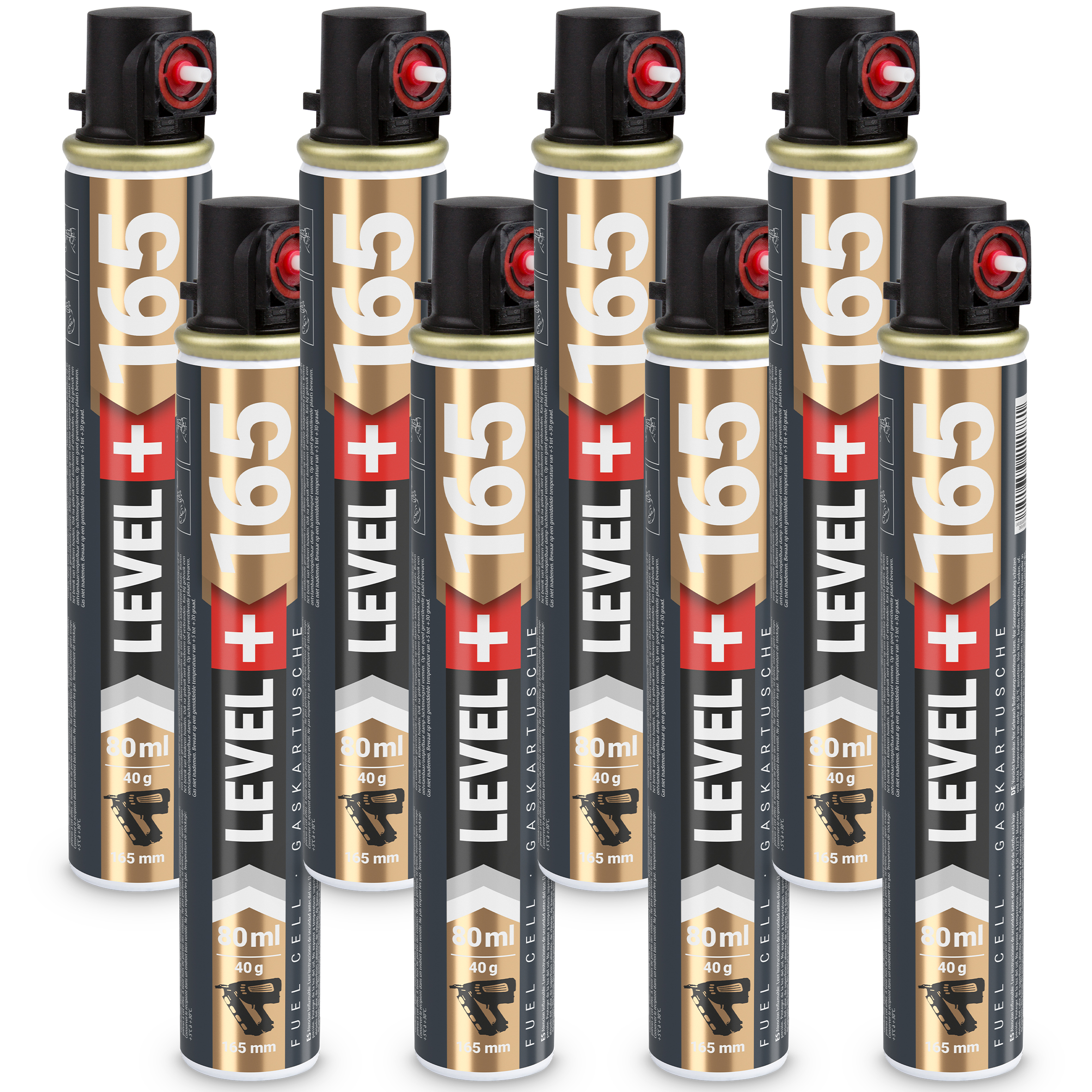 Gaz do Gwoździarek Gazowych 165mm 80ml 40g 8 szt. Nabój do Gwożdziarek Nabój Gazowy Czerwony Zawór LEVEL+ L+165