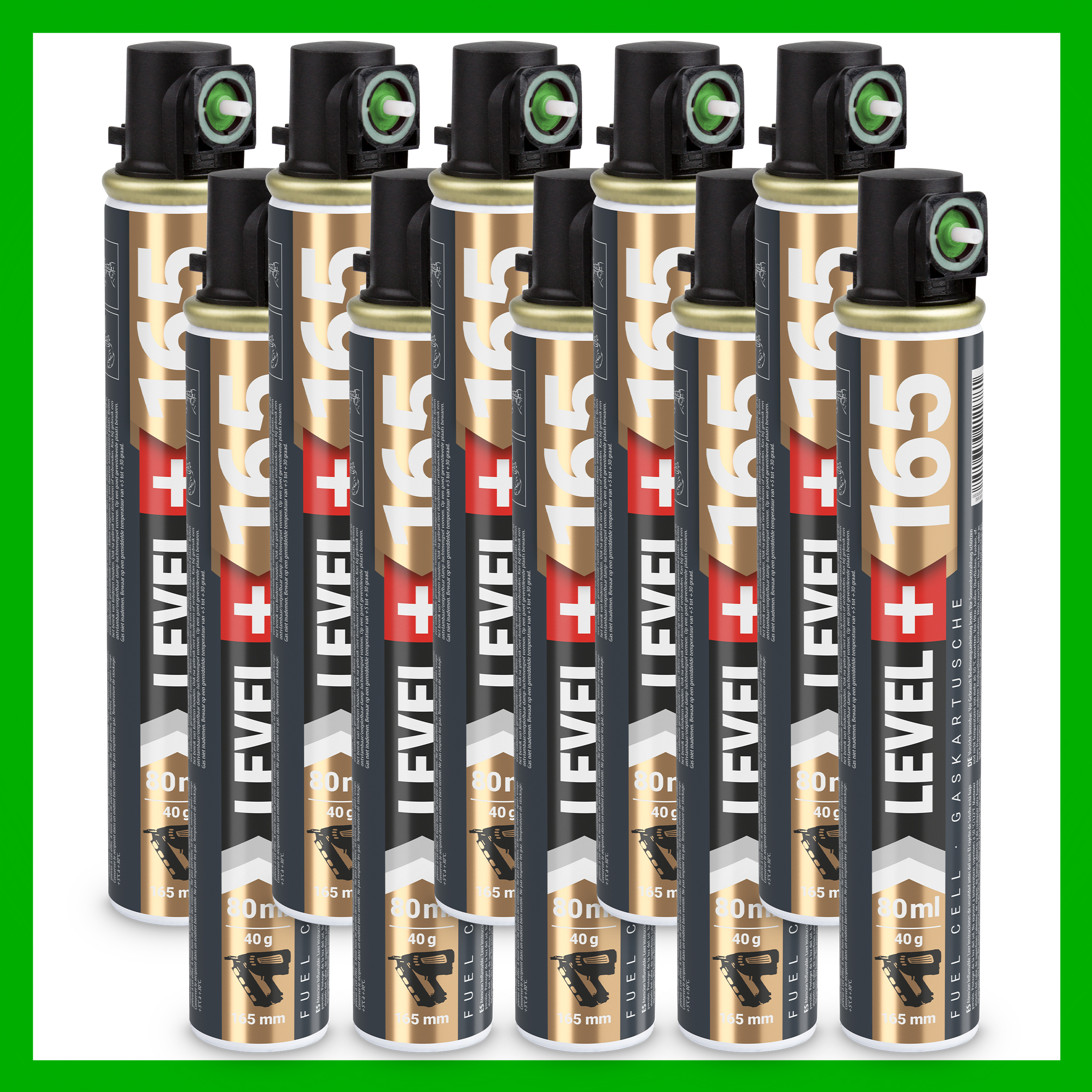 Gaz do Gwoździarek Gazowych 165mm 80ml 40g 10 szt. Nabój do Gwożdziarek Nabój Gazowy Zielony Zawór LEVEL+ L+165