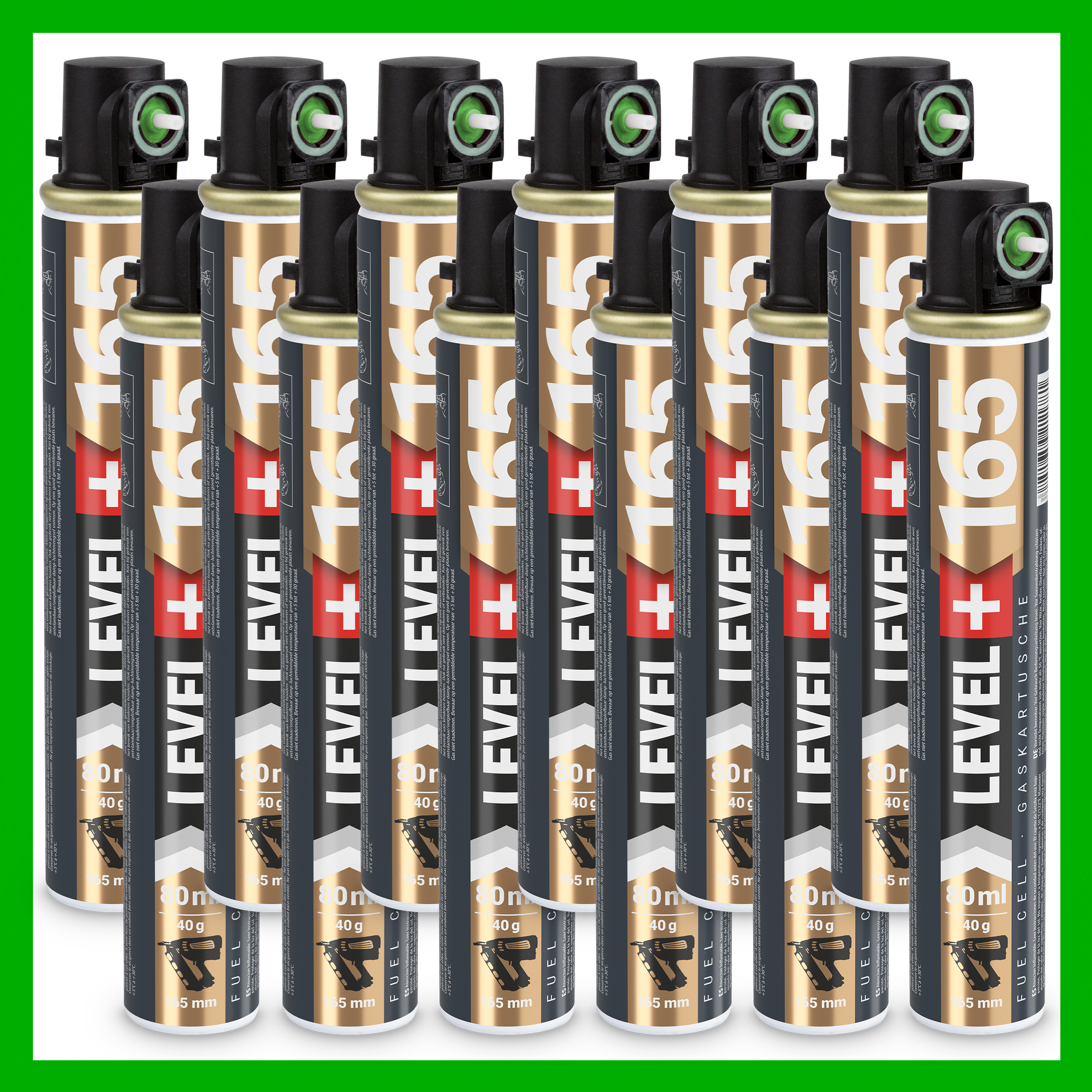 Gaz do Gwoździarek Gazowych 165mm 80ml 40g 12 szt. Nabój do Gwożdziarek Nabój Gazowy Zielony Zawór LEVEL+ L+165