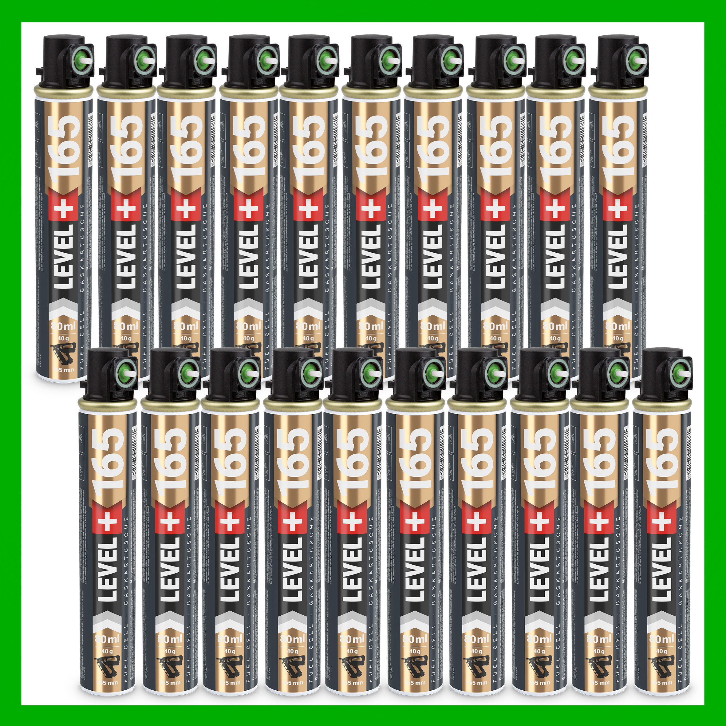 Gaz do Gwoździarek Gazowych 165mm 80ml 40g 20 szt. Nabój do Gwożdziarek Nabój Gazowy Zielony Zawór LEVEL+ L+165