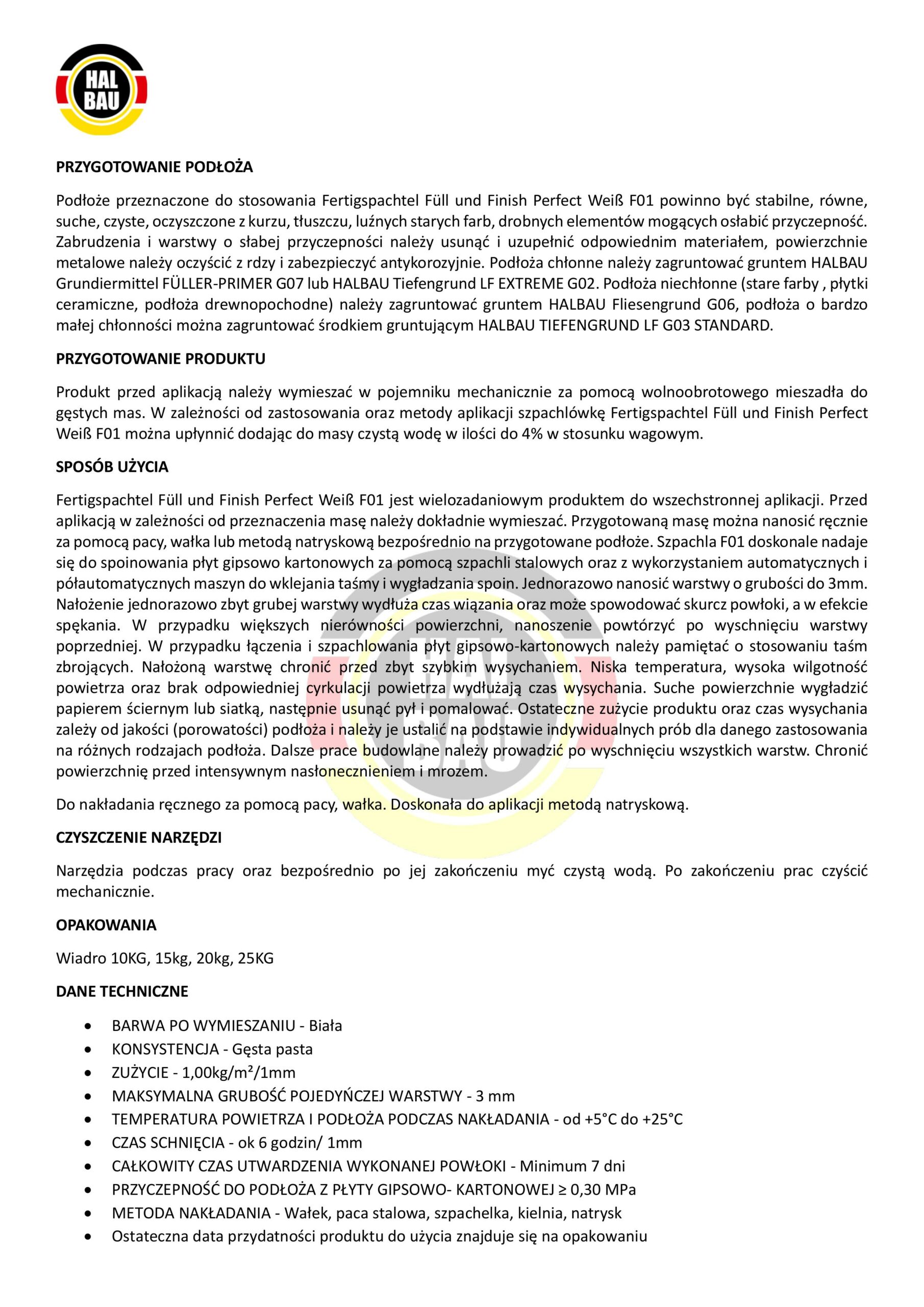 Gotowa Gładź Polimerowa 25 kg Biała do spoinowania płyt G/K wygładzania ścian i sufitów HALBAU F01 - obrazek 7