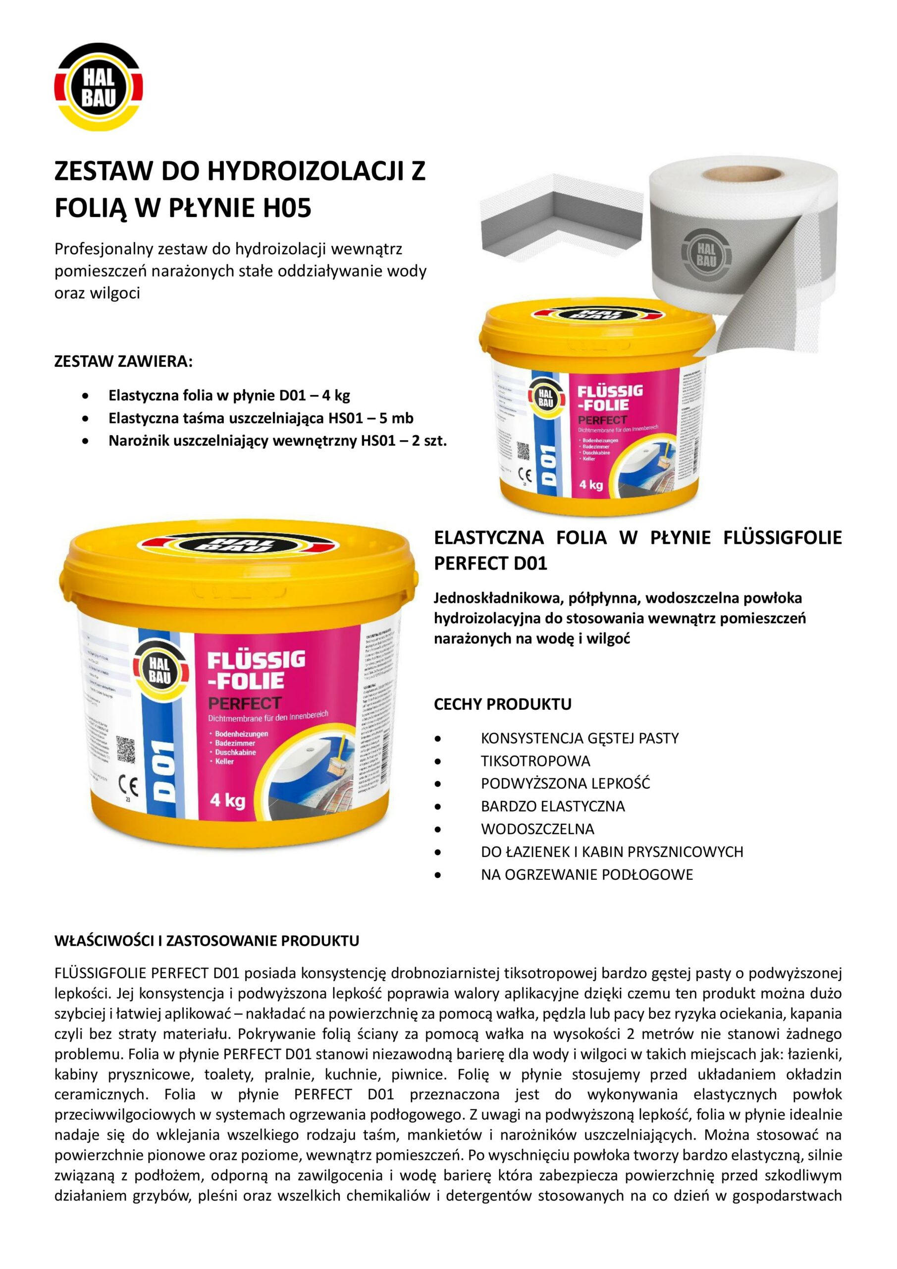 Zestaw do Hydroizolacji Folia w Płynie 4kg Grunt 1L Taśma Uszczelniająca 5mb Grunt Łazienka Prysznic HALBAU SETH05 - obrazek 10