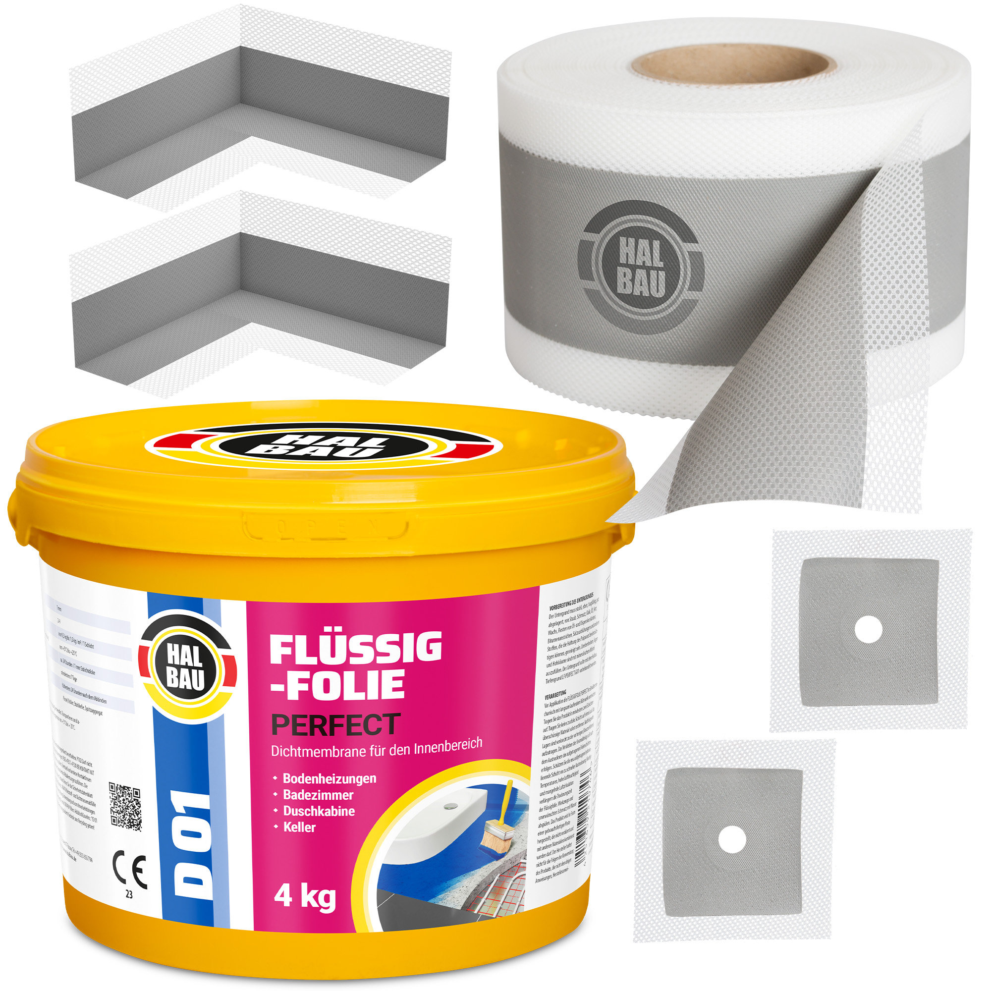 Zestaw do Hydroizolacji Folia w Płynie 4kg Taśma Uszczelniająca 5mb Grunt Łazienka Prysznic HALBAU SETH02