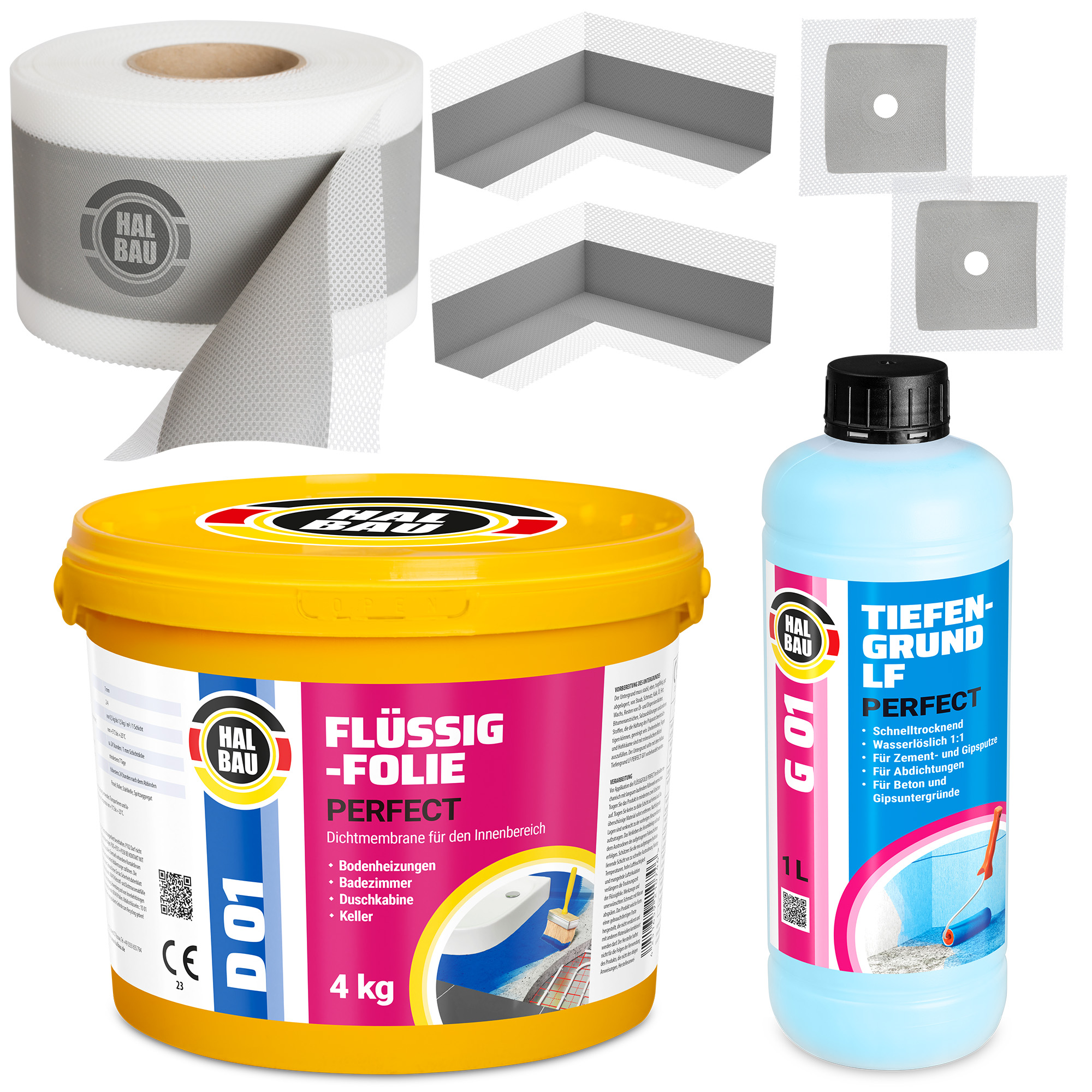 Zestaw do Hydroizolacji Folia w Płynie 4kg Grunt 1L Taśma Uszczelniająca 5mb Grunt Łazienka Prysznic HALBAU SETH03