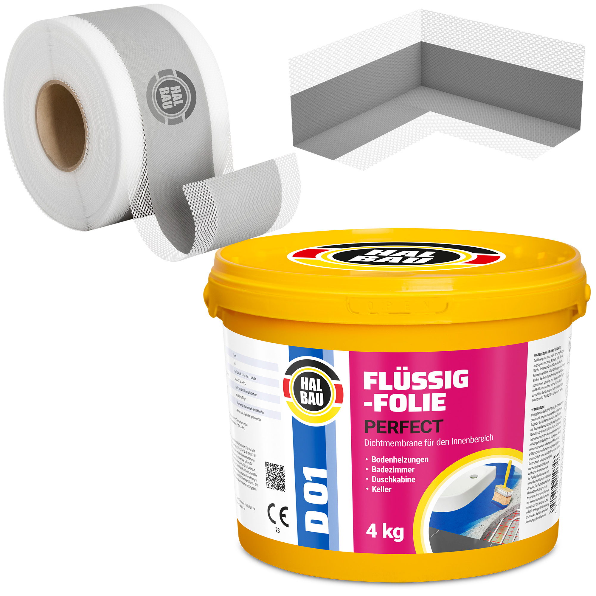 Zestaw do Hydroizolacji Folia w Płynie 4kg Grunt 1L Taśma Uszczelniająca 5mb Grunt Łazienka Prysznic HALBAU SETH05