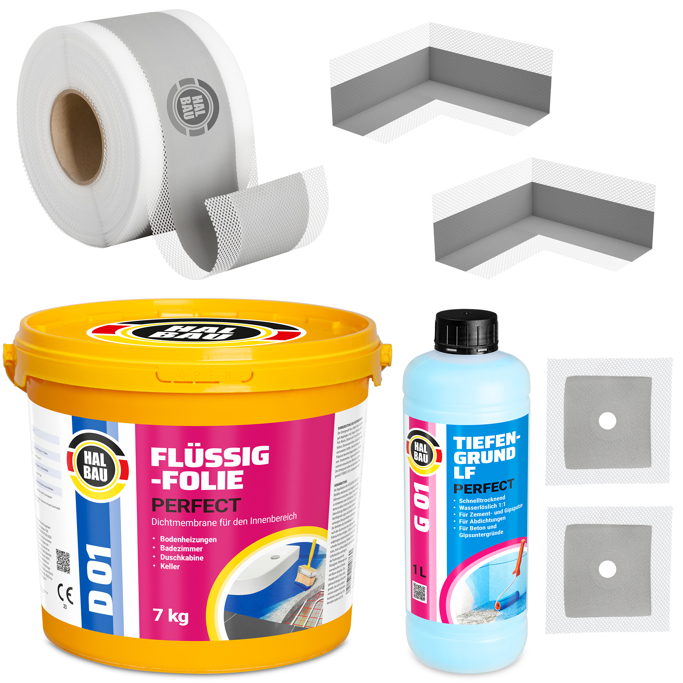 Zestaw do Hydroizolacji Folia w Płynie 7kg Taśma Uszczelniająca 5mb Grunt 1l Łazienka Prysznic HALBAU SETH13