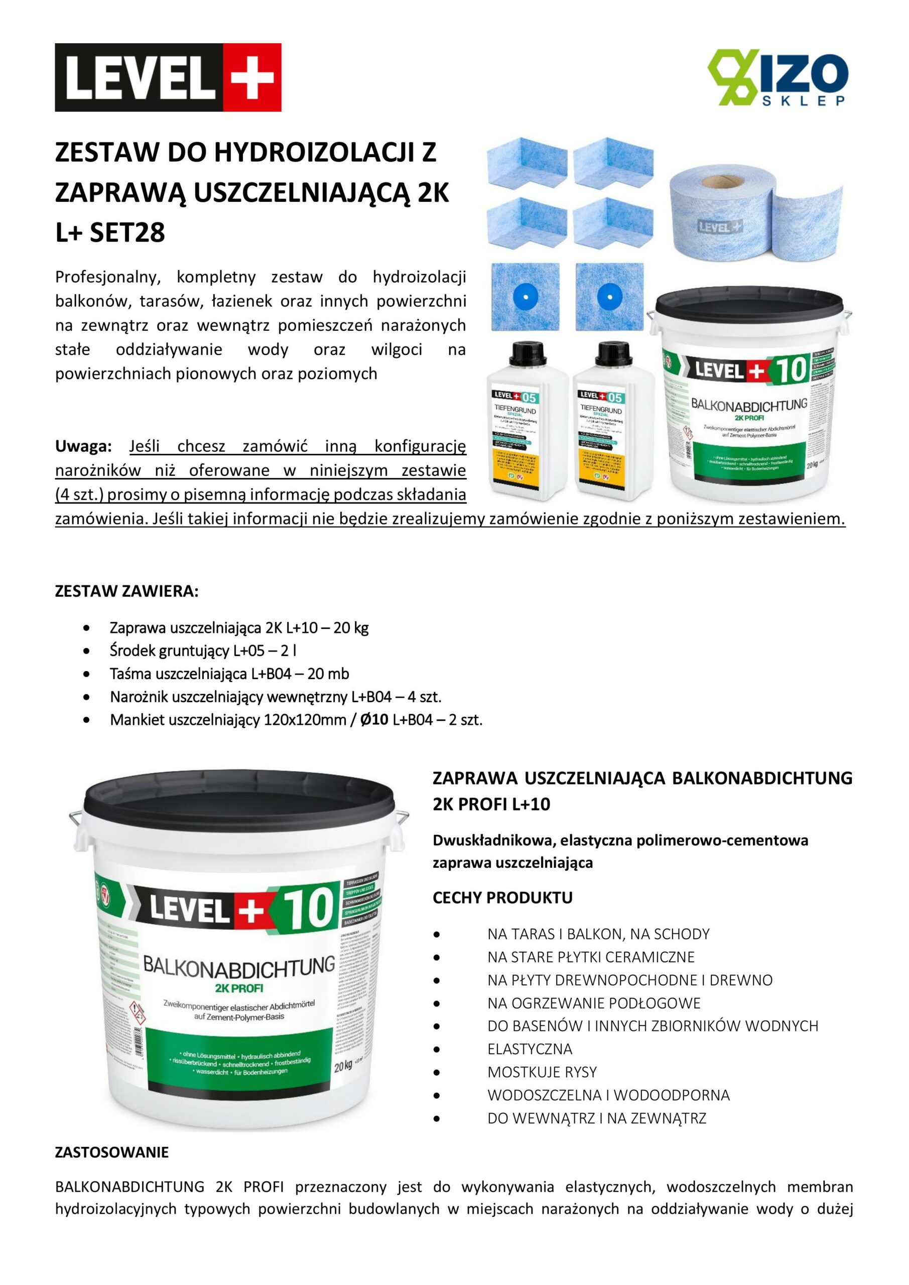Zestaw do Hydroizolacji Zaprawa Uszczelniająca 2K 20kg Grunt 2L Taśma B04 20m Narożniki, Mankiety LEVEL+ SET28 - obrazek 11
