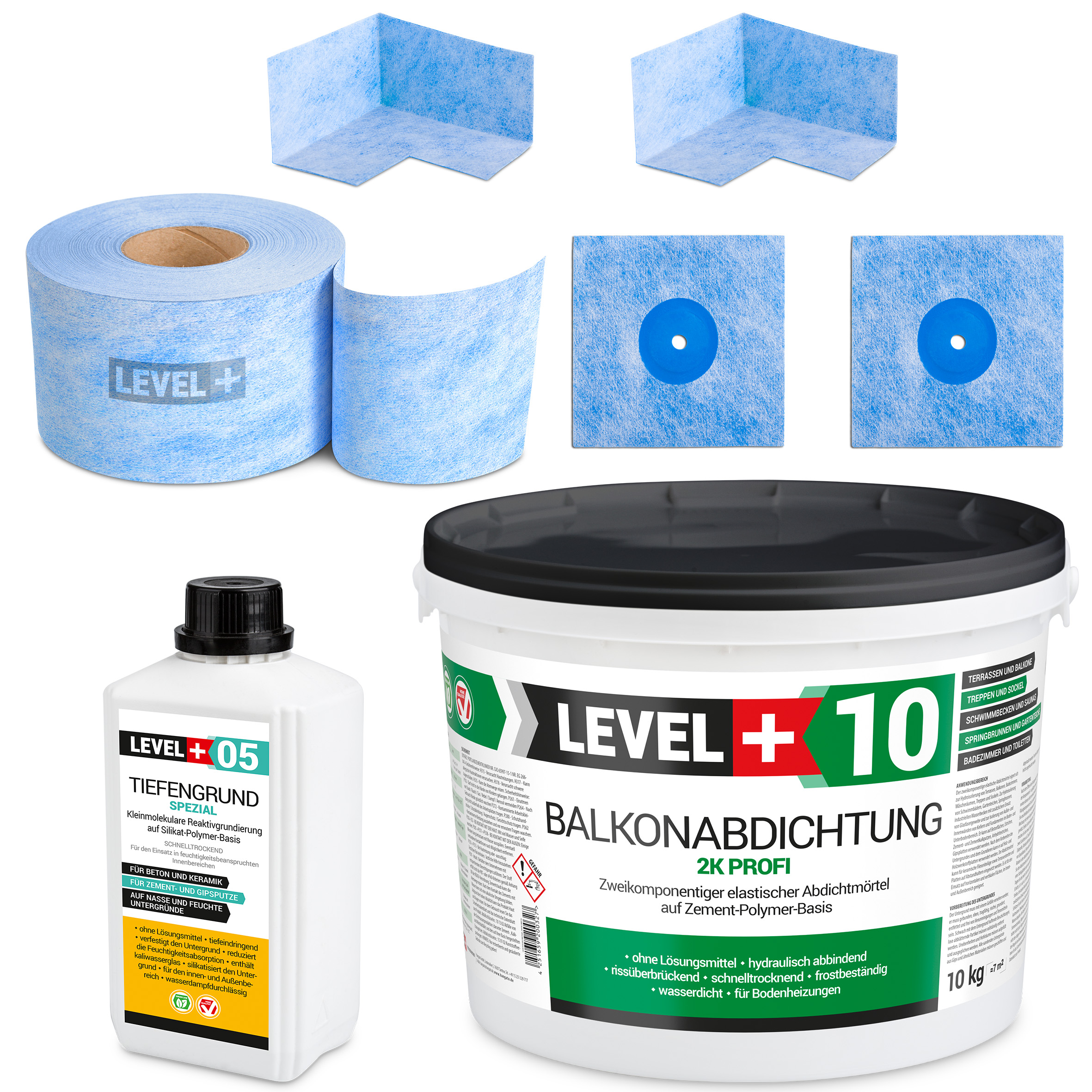 Zestaw do Hydroizolacji Zaprawa Uszczelniająca 2K 10kg Grunt 1L Taśma B04 10m Mankiety, Narożniki LEVEL+ SET26