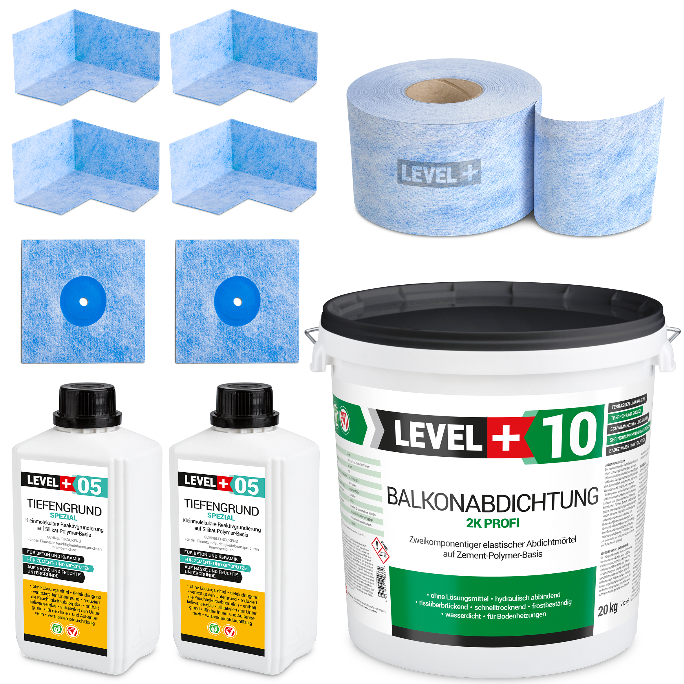 Zestaw do Hydroizolacji Zaprawa Uszczelniająca 2K 20kg Grunt 2L Taśma B04 20m Narożniki, Mankiety LEVEL+ SET28