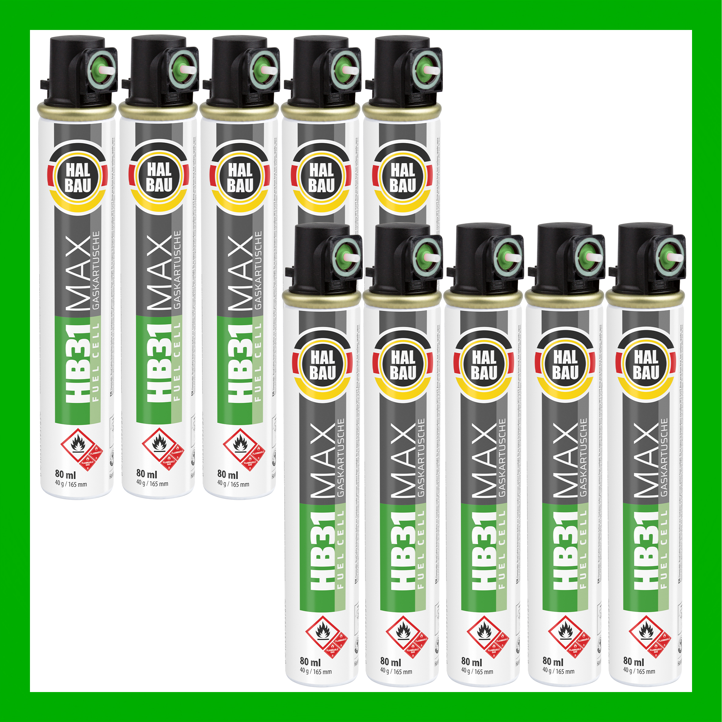 Gaz do Gwoździarek Gazowych 165mm 40g 80ml 10 szt. Nabój do Gwożdziarek Nabój Gazowy Zielony Zawór HALBAU HB31