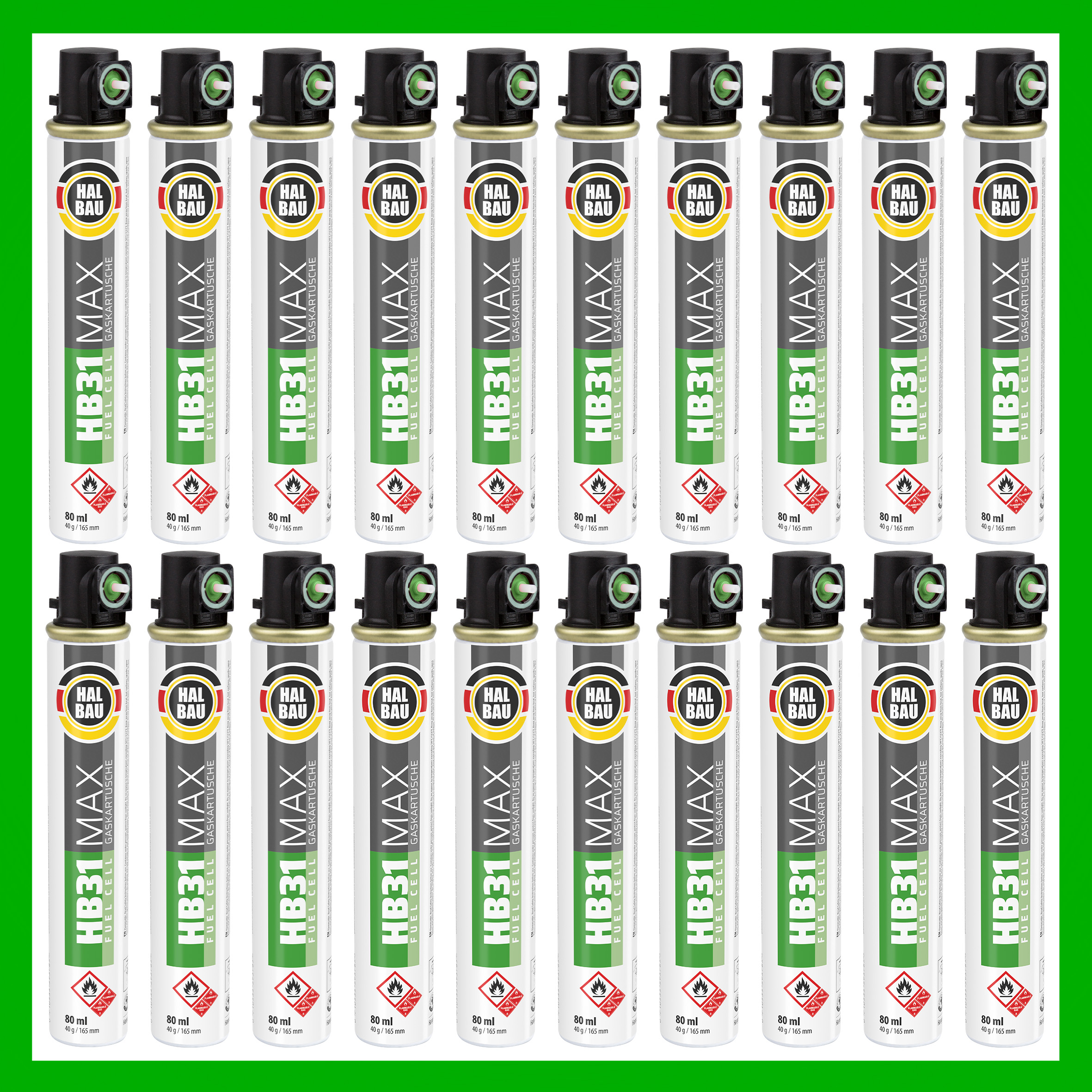 Gaz do Gwoździarek Gazowych 165mm 40g 80ml 20 szt. Nabój do Gwożdziarek Nabój Gazowy Zielony Zawór HALBAU HB31
