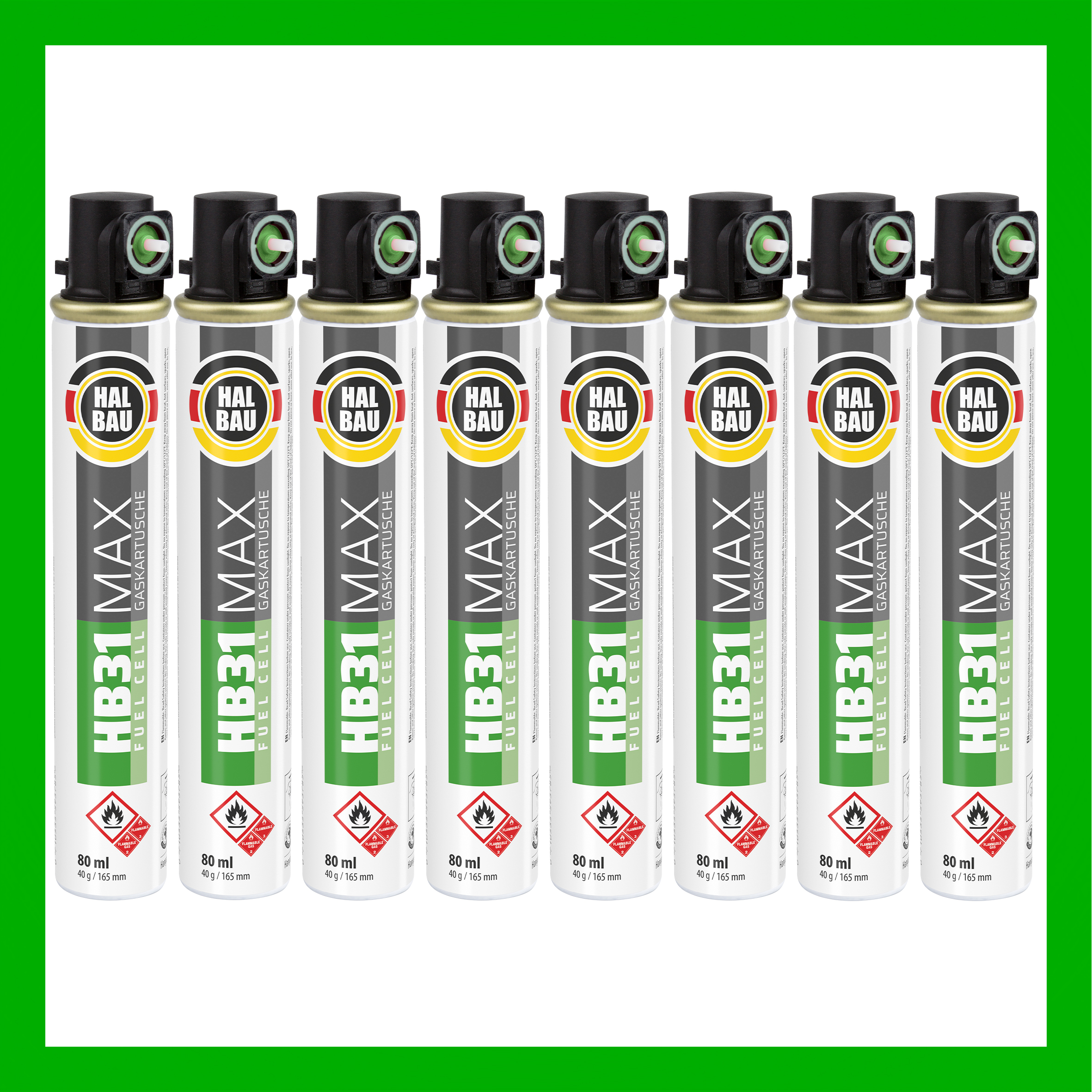 Gaz do Gwoździarek Gazowych 165mm 40g 80ml 8 szt. Nabój do Gwożdziarek Nabój Gazowy Zielony Zawór HALBAU HB31