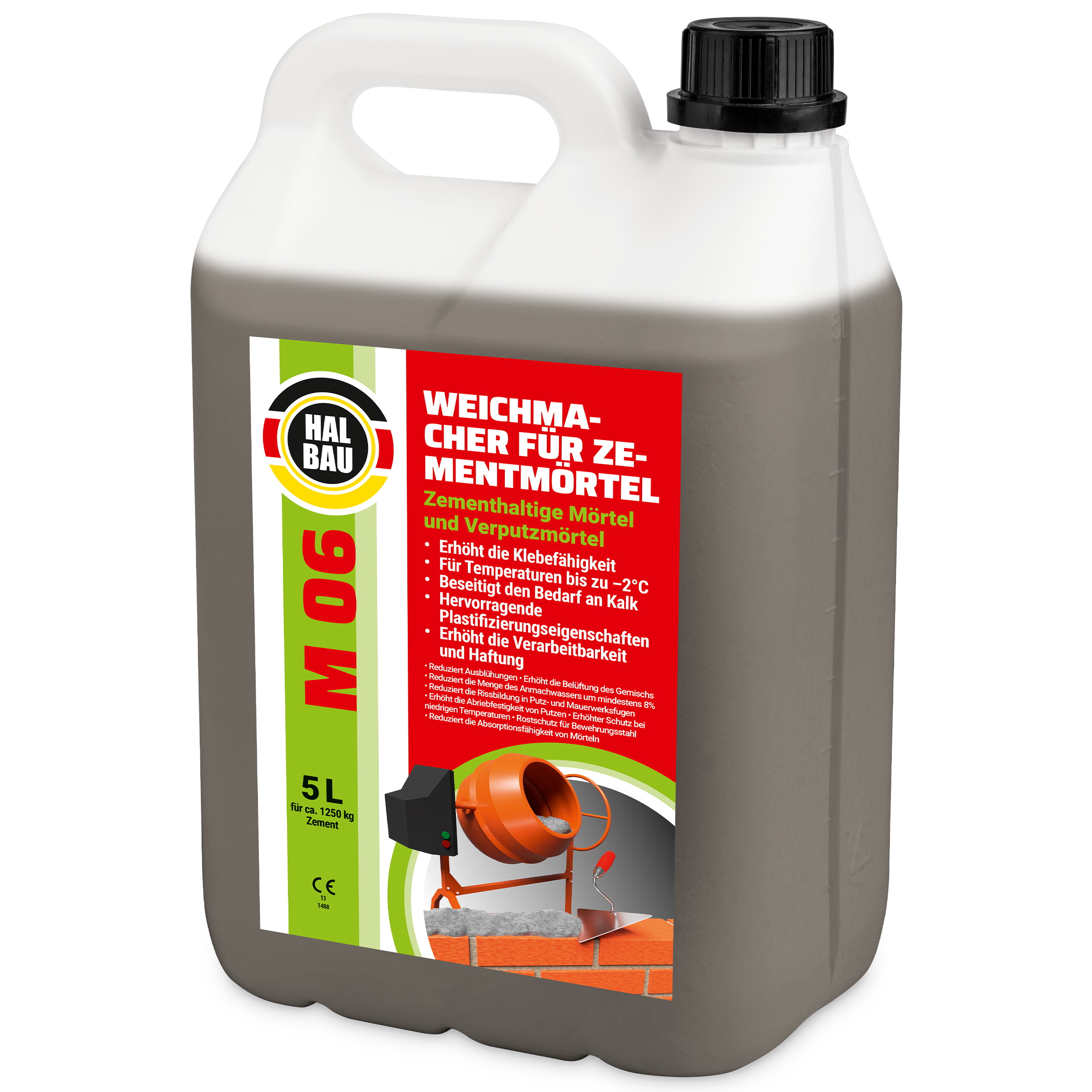 Plastyfikator do zapraw budowlanych 5L Zastępuje wapno w zaprawach murarskich i tynkarskich Dla temperatur do -2°C HALBAU M06