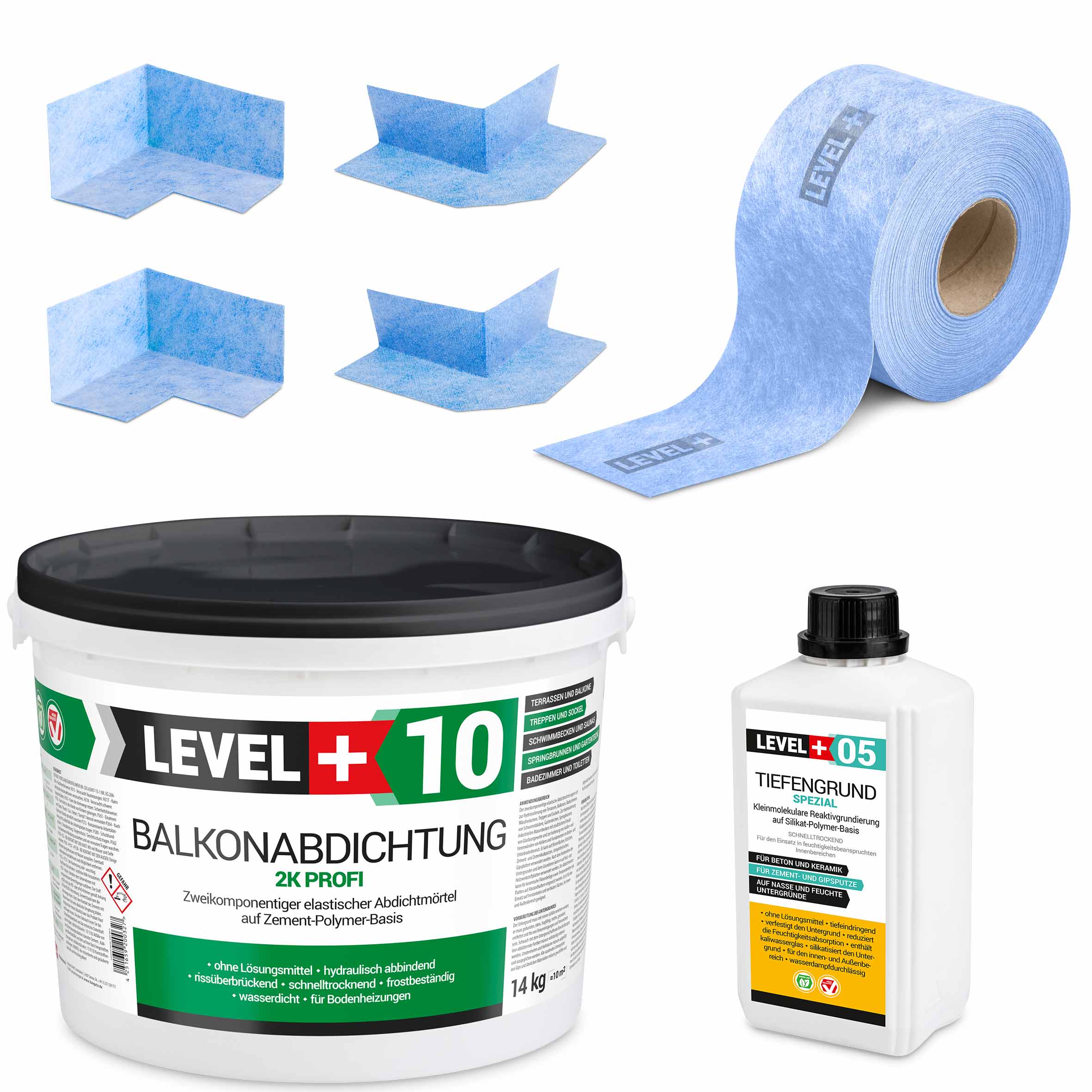 Zestaw do Hydroizolacji Balkon Taras Zaprawa Uszczelniająca 2K 14kg Taśma B04 10mb Grunt 1L Narożniki Level+ SET31