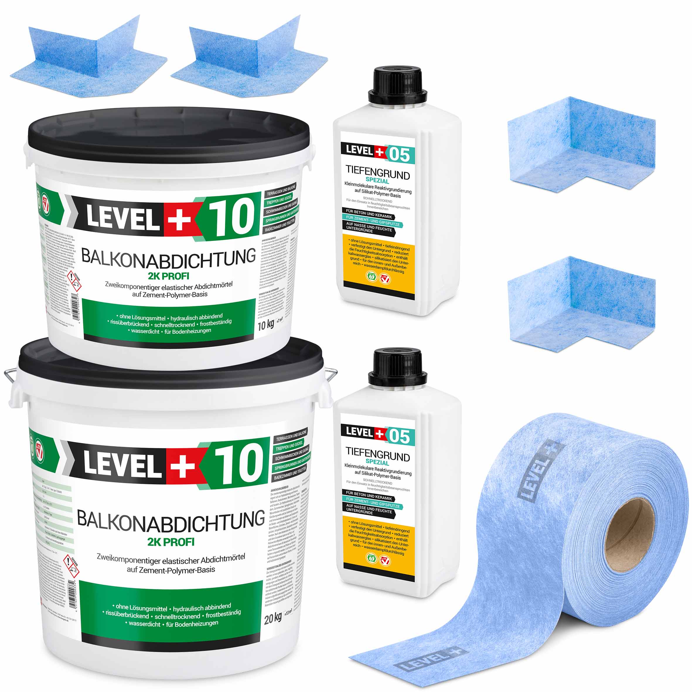 Zestaw do Hydroizolacji Balkon Taras Zaprawa Uszczelniająca 2K 30kg Taśma B04 15mb Grunt 2L Narożniki Level+ SET32