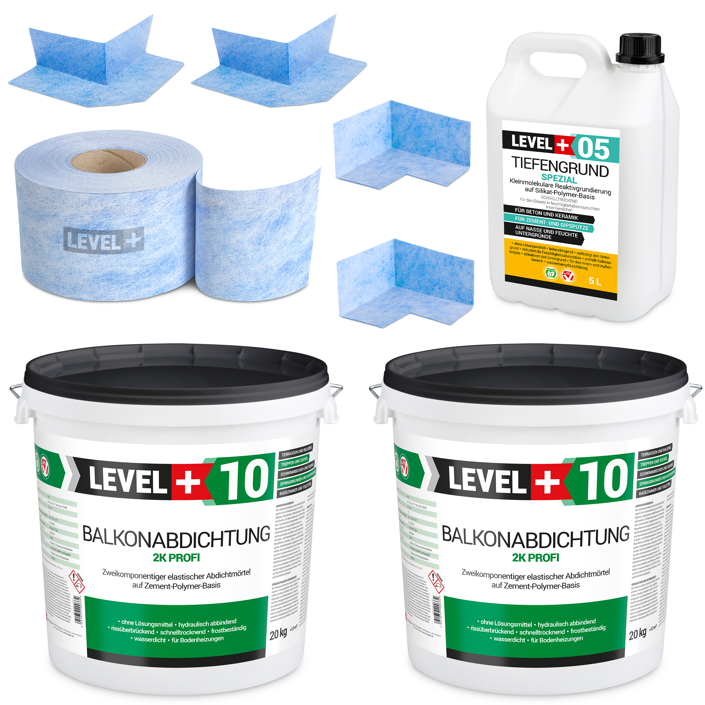 Zestaw do Hydroizolacji Balkon Taras Zaprawa Uszczelniająca 2K 40kg Taśma B04 20mb Grunt 5L Narożniki Level+ SET35
