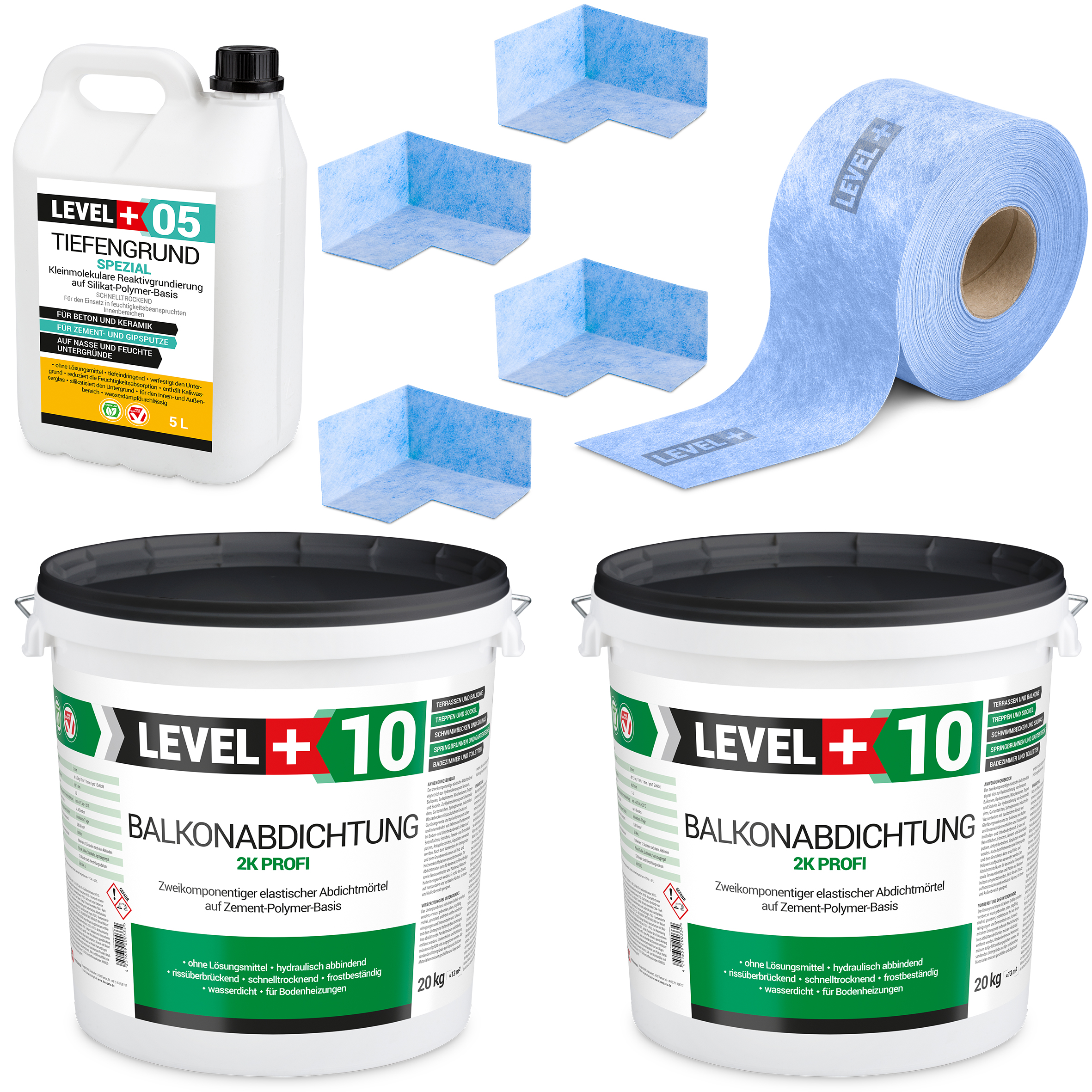 Zestaw do Hydroizolacji Balkon Taras Zaprawa Uszczelniająca 2K 40kg Taśma B04 15mb Grunt 5L Narożniki Level+ SET36