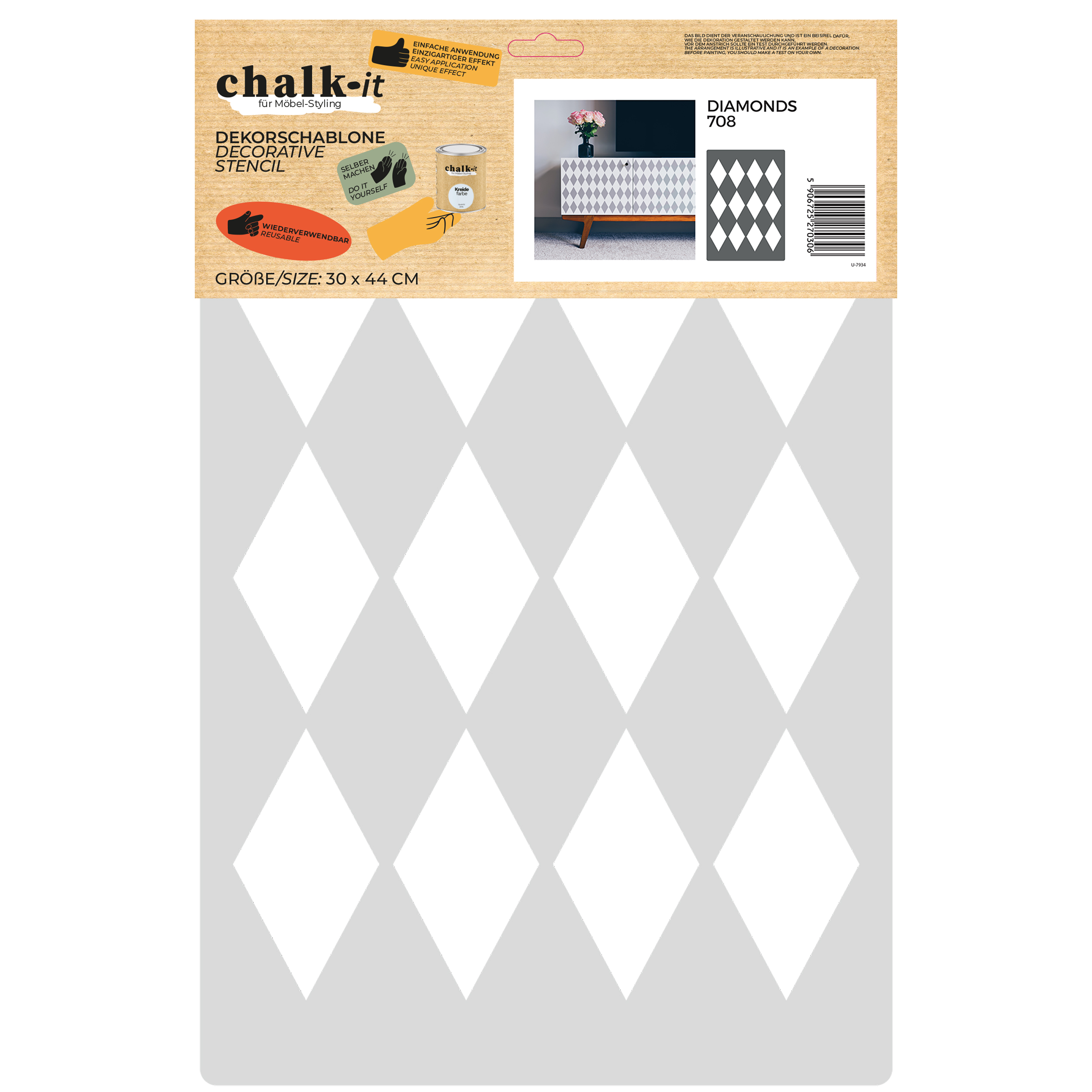 Elastyczny szablon wielokrotnego użytku do stylizacji i dekoracji mebli Chalk-it 708 DIAMONDS
