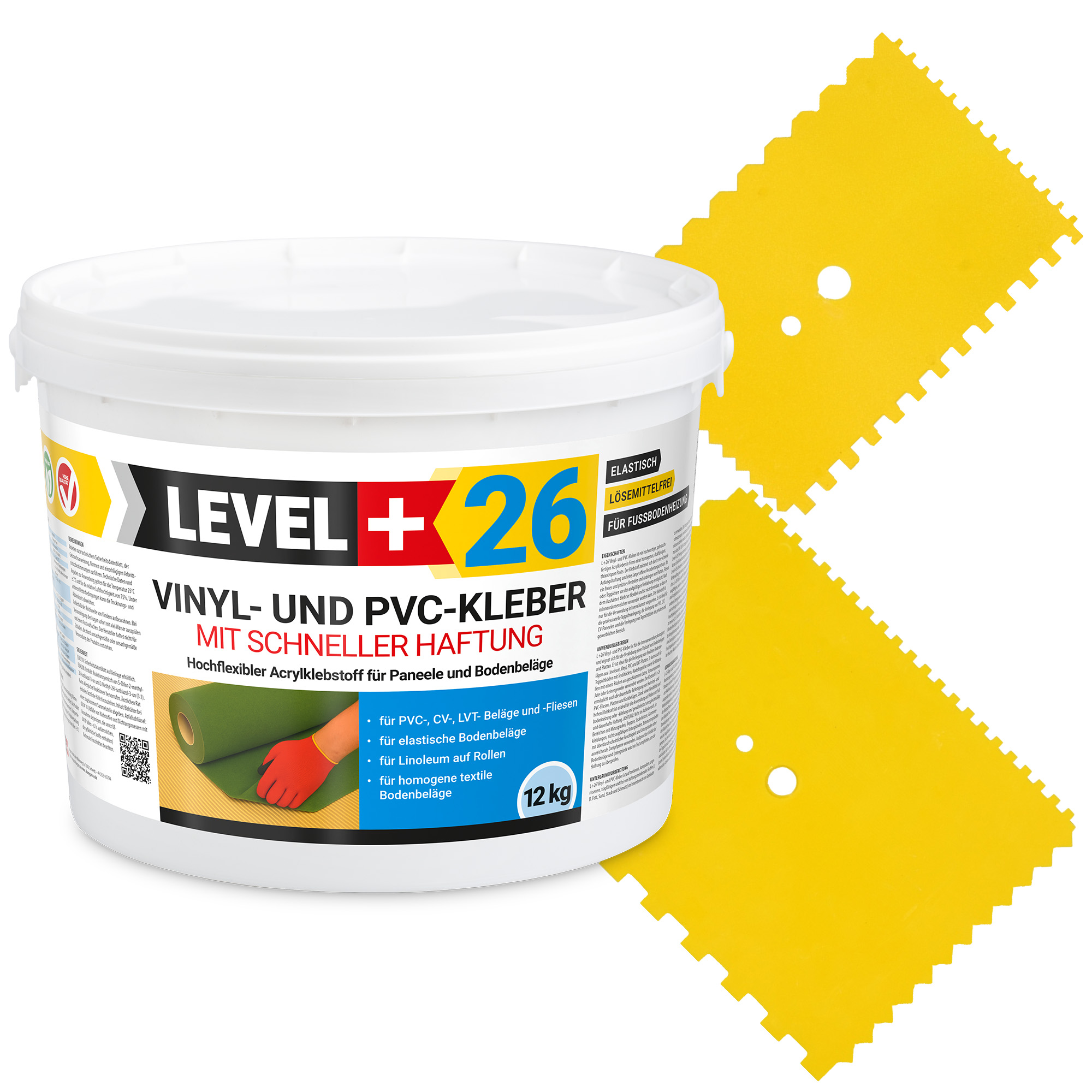 LEVEL+ Klej winylowy PVC LVT CV Panele Dywan Klej elastyczny Szybkie wiązanie VINYLKLEBER L+26 12kg + Paca zębata 2szt.