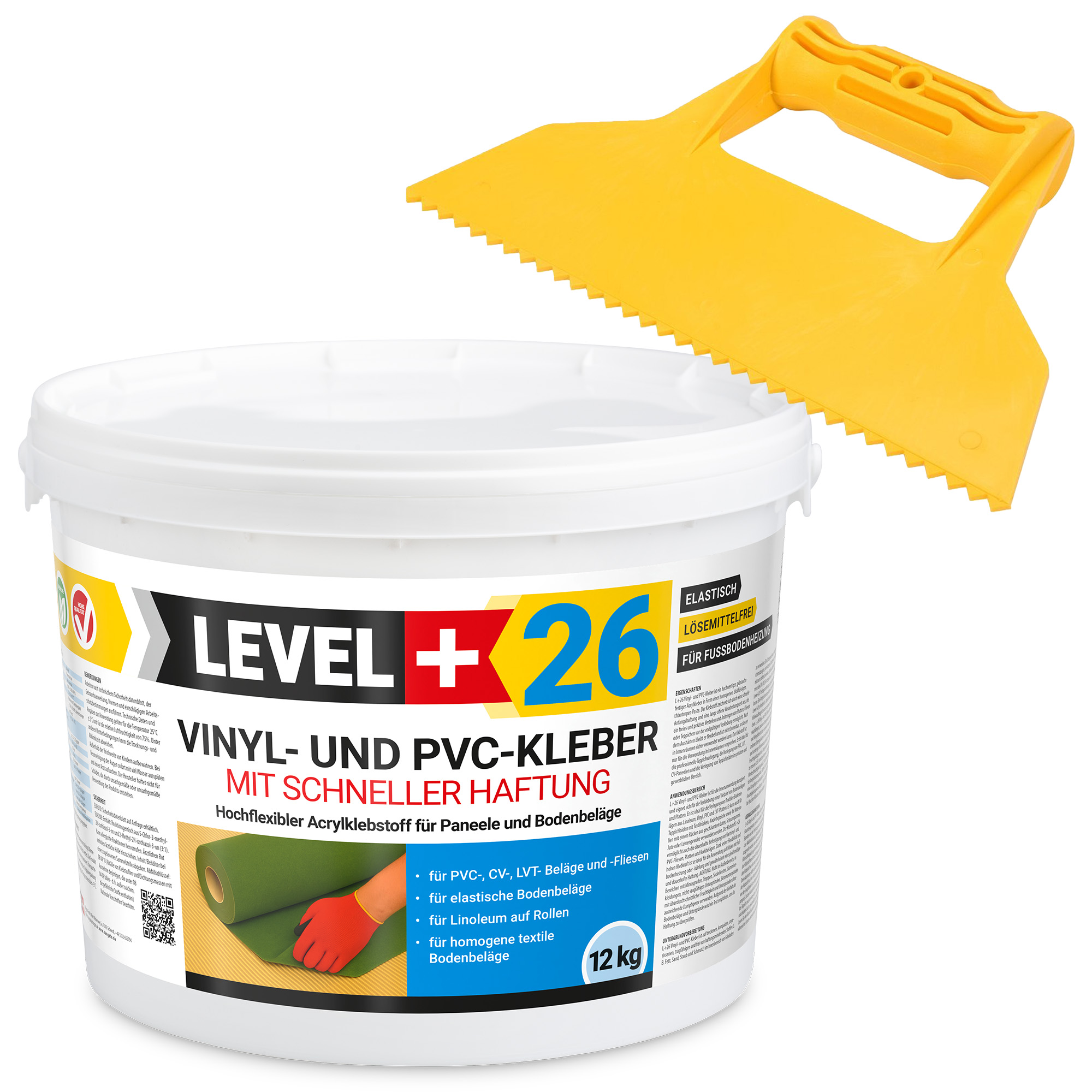 LEVEL+ Klej winylowy PVC LVT CV Panele Dywan Klej elastyczny Szybkie wiązanie VINYLKLEBER L+26 12kg + Paca trójkąt