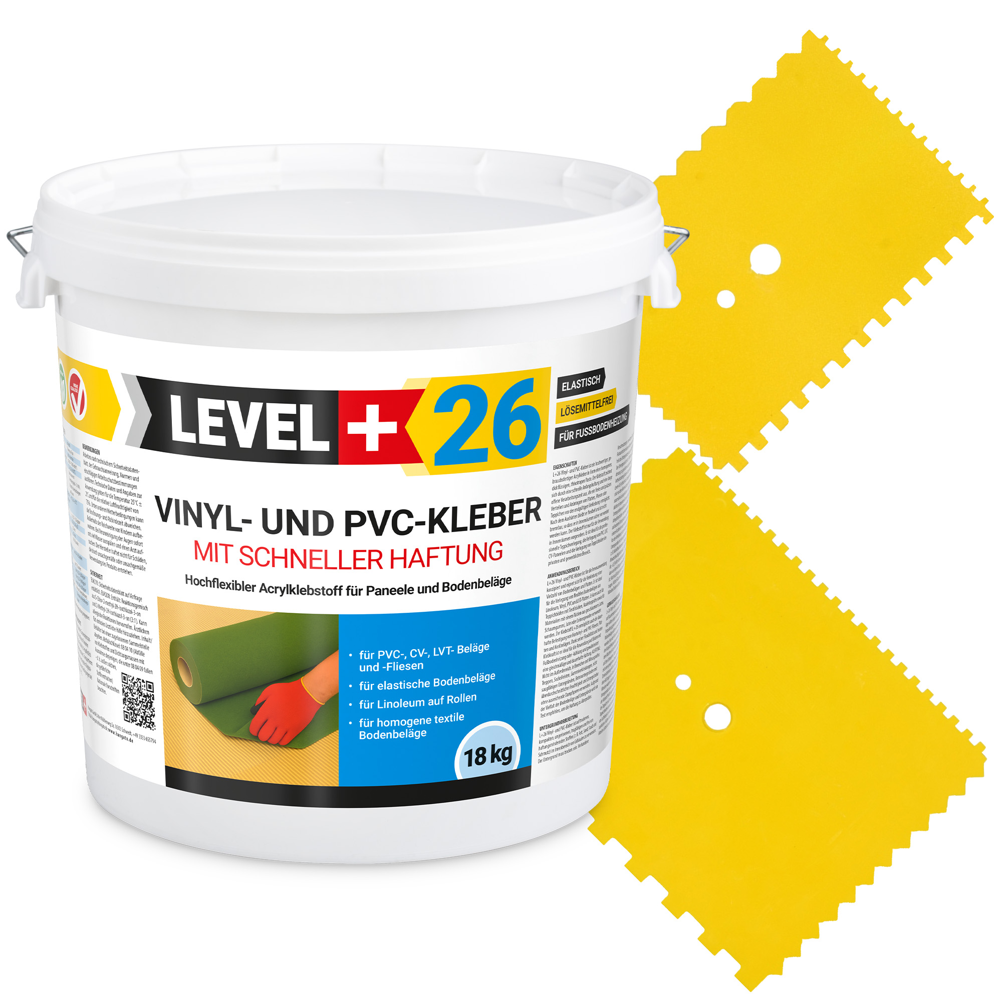 LEVEL+ Klej winylowy PVC LVT CV Panele Dywan Klej elastyczny Szybkie wiązanie VINYLKLEBER L+26 18kg + Paca zębata 2szt.