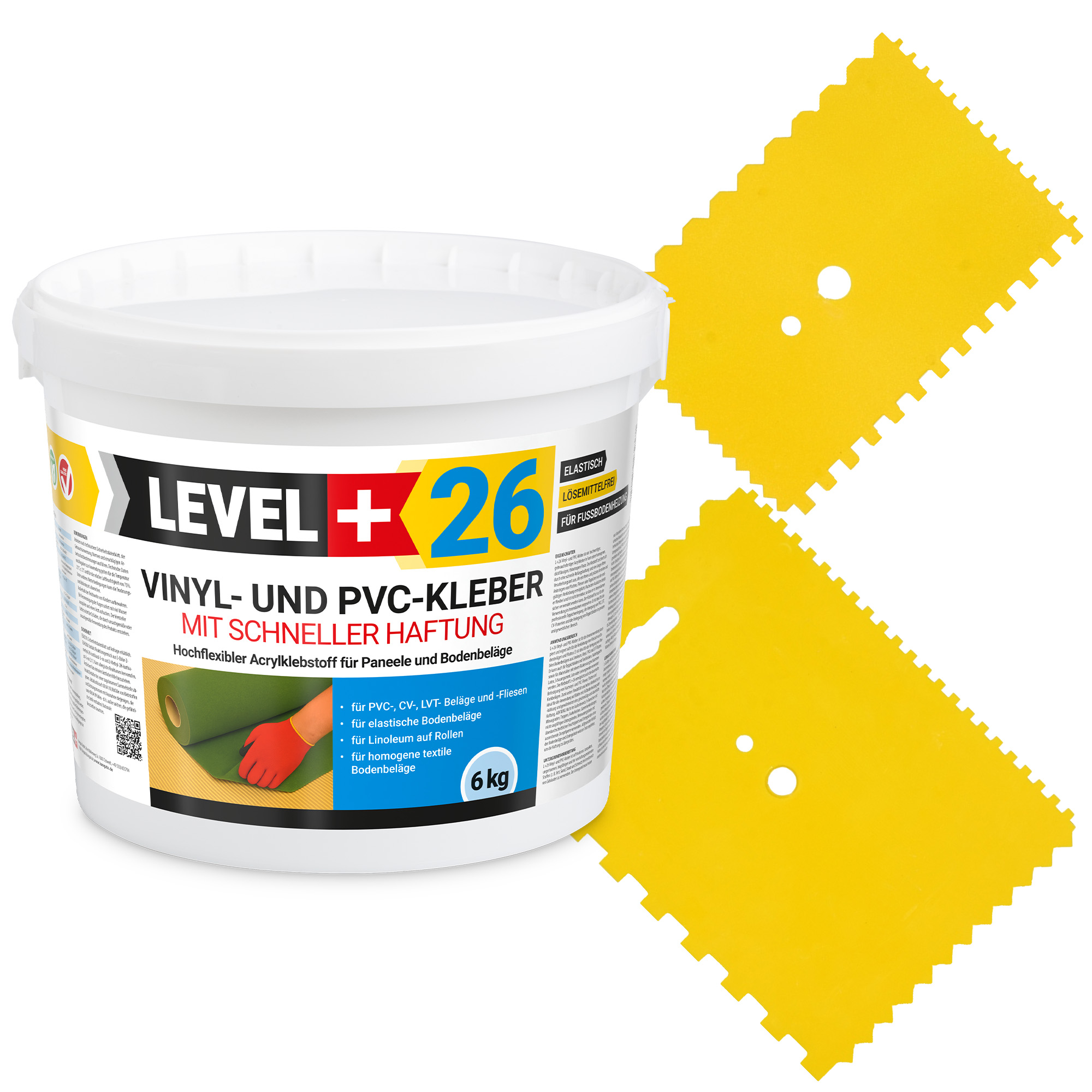 LEVEL+ Klej winylowy PVC LVT CV Panele Dywan Klej elastyczny Szybkie wiązanie VINYLKLEBER L+26 6kg + Paca zębata 2szt.
