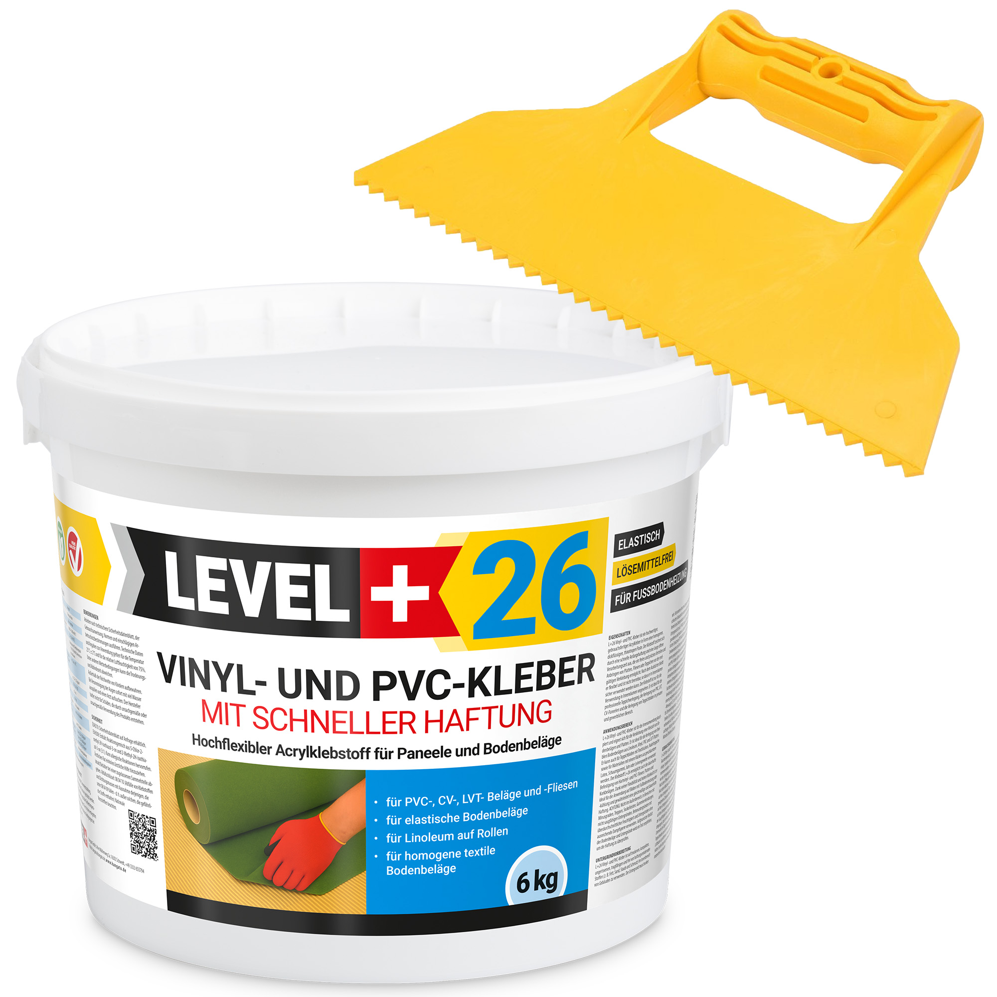 LEVEL+ Klej winylowy PVC LVT CV Panele Dywan Klej elastyczny Szybkie wiązanie VINYLKLEBER L+26 6kg + Paca trójkąt