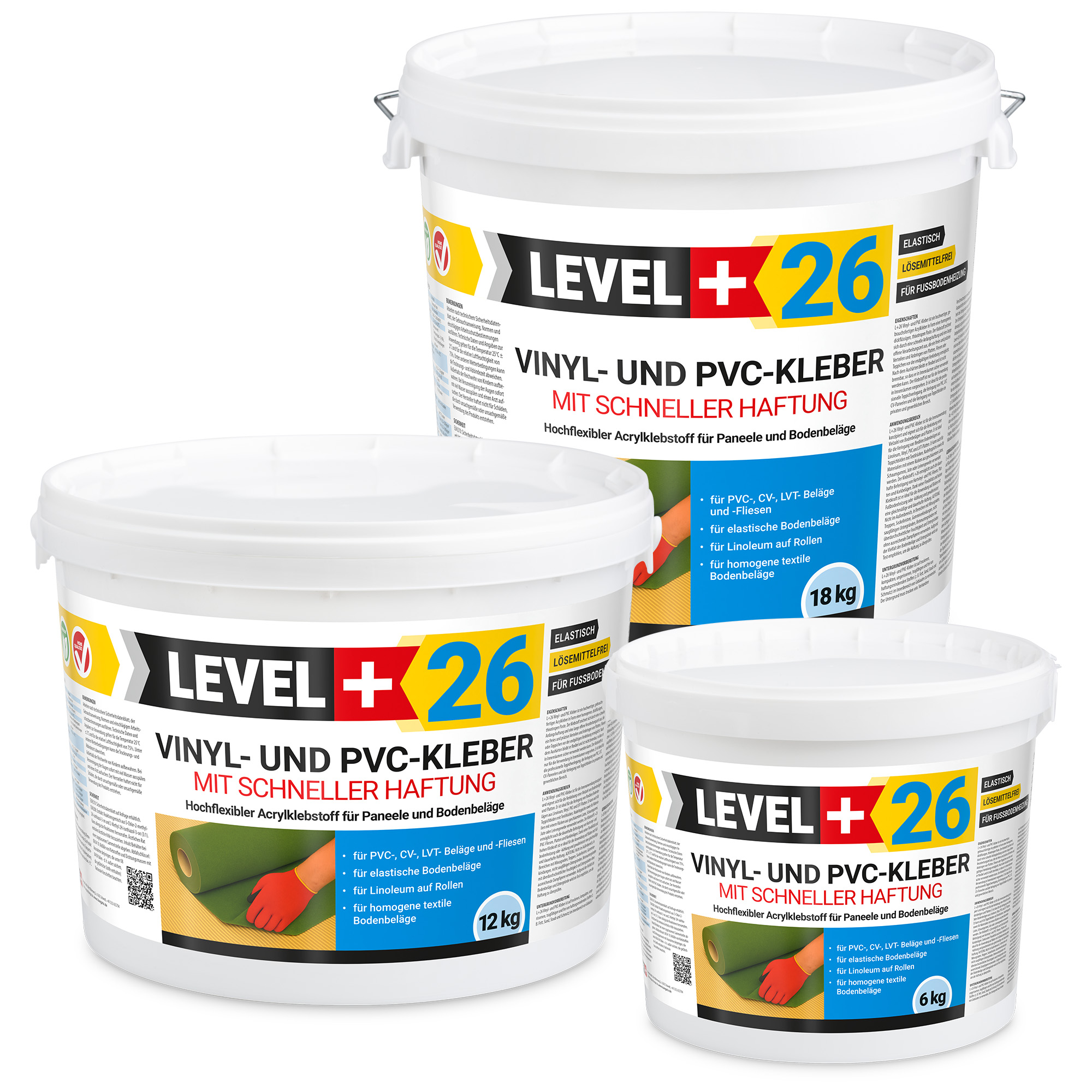 LEVEL+ Klej winylowy PVC LVT CV Panele Dywan Klej elastyczny Szybkie wiązanie VINYLKLEBER L+26 18kg + Paca trójkąt - obrazek 2