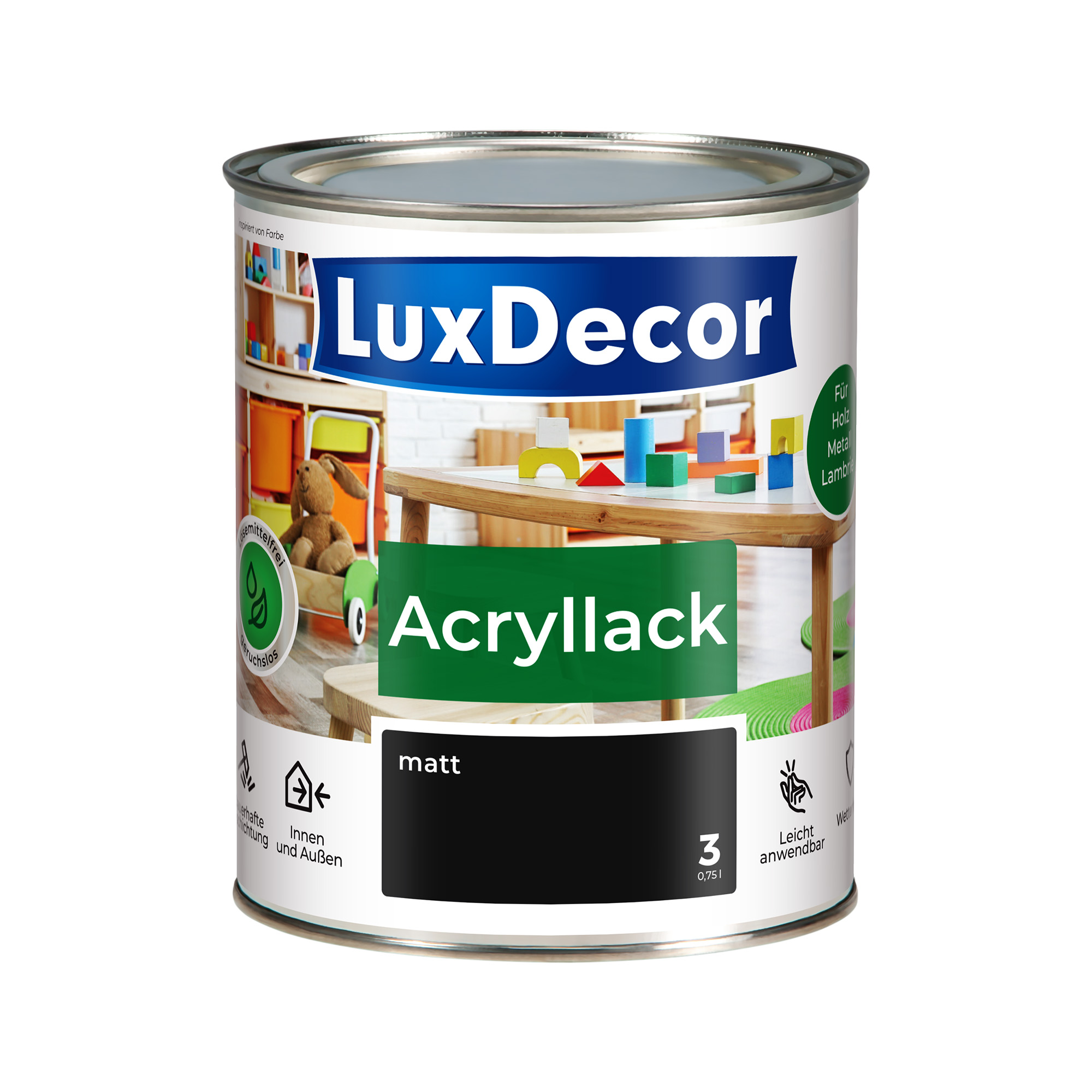 Emalia akrylowa 0,75L LuxDecor Lakier do metalu i drewna Mat (03) Absolut schwarz/Całkowicie czarny