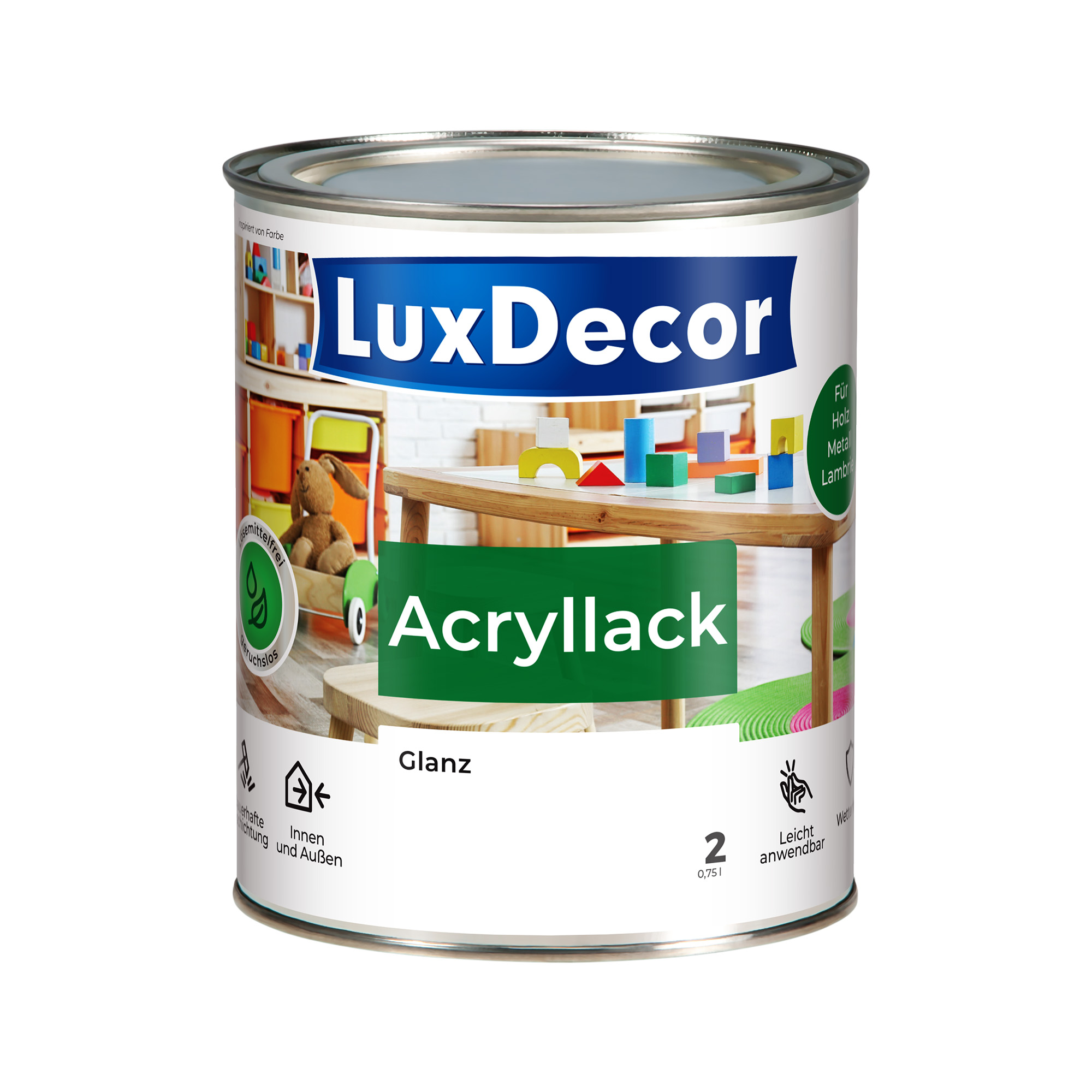 Emalia akrylowa 0,75L LuxDecor Lakier do metalu i drewna Połysk (02) Weißer Kristall/Biały kryształ