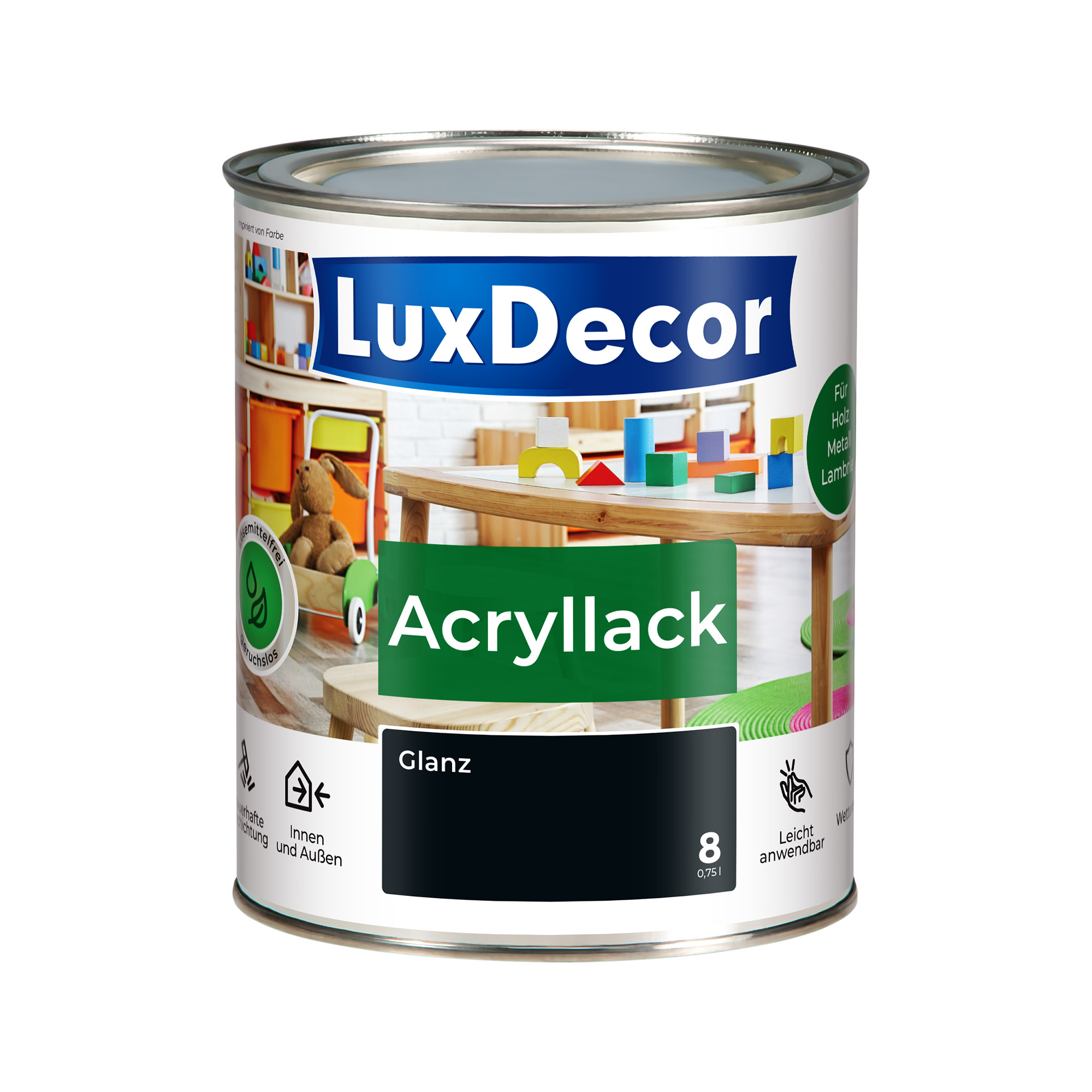 Emalia akrylowa 0,75L LuxDecor Lakier do metalu i drewna Połysk (08) Schwarzer Diamant/Czarny diament