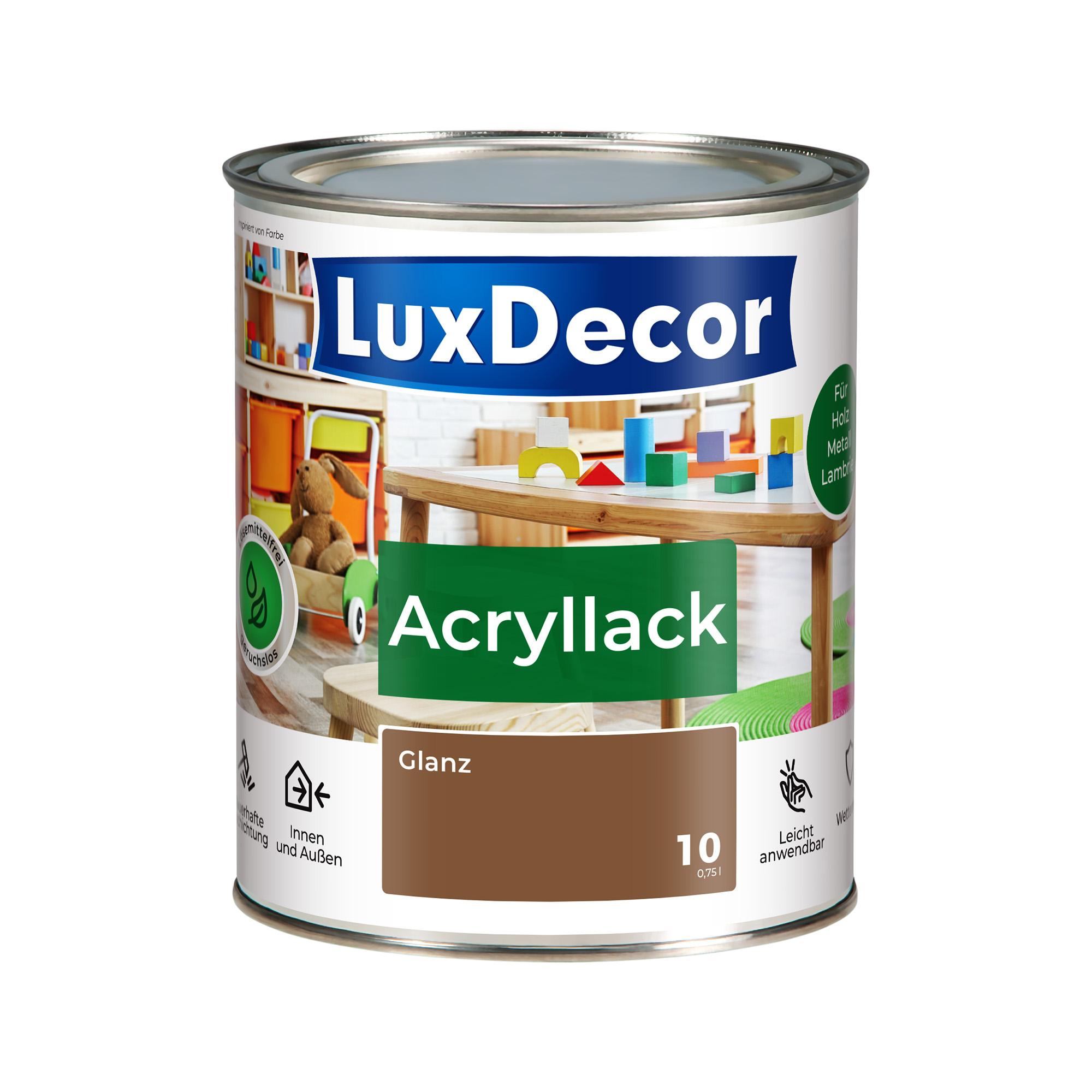 Emalia akrylowa 0,75L LuxDecor Lakier do metalu i drewna Połysk (10) Haselnusswald/Las orzechowy