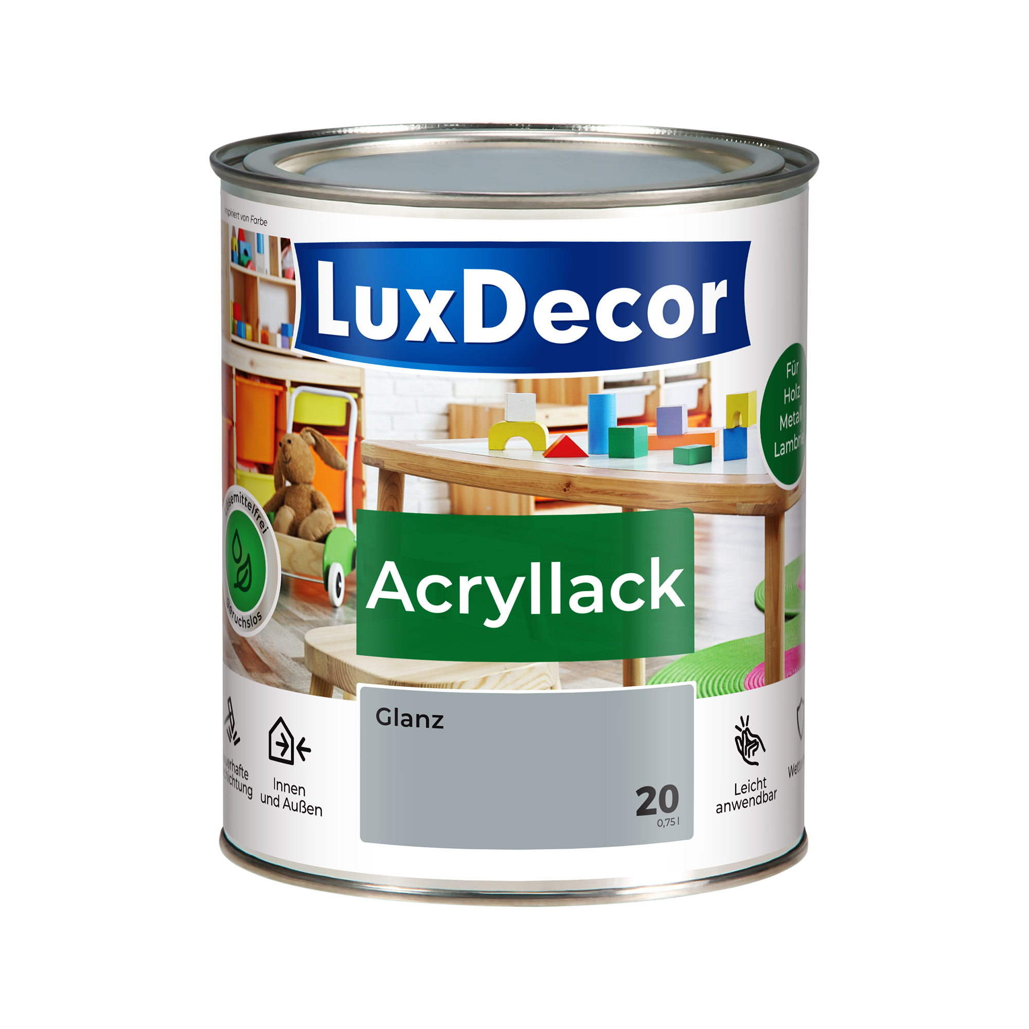 Emalia akrylowa 0,75L LuxDecor Lakier do metalu i drewna Połysk (20) Morgennebel/Poranna mgła