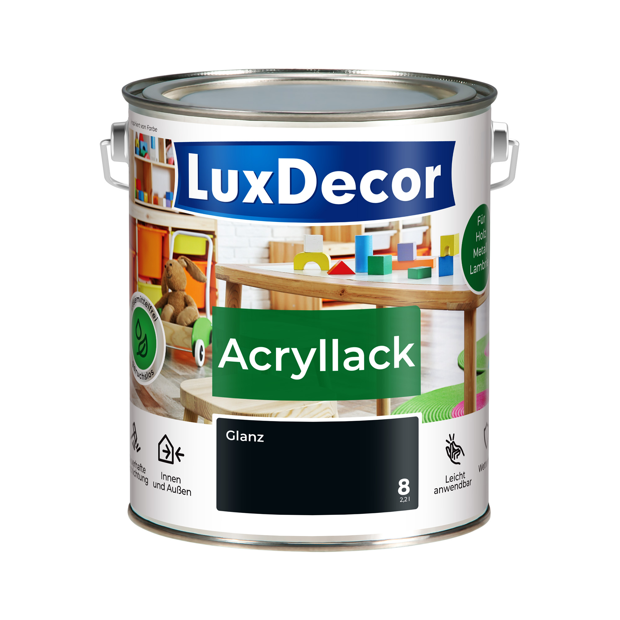 Emalia akrylowa 2,2L LuxDecor Lakier do metalu i drewna Połysk (08) Schwarzer Diamant/Czarny diament