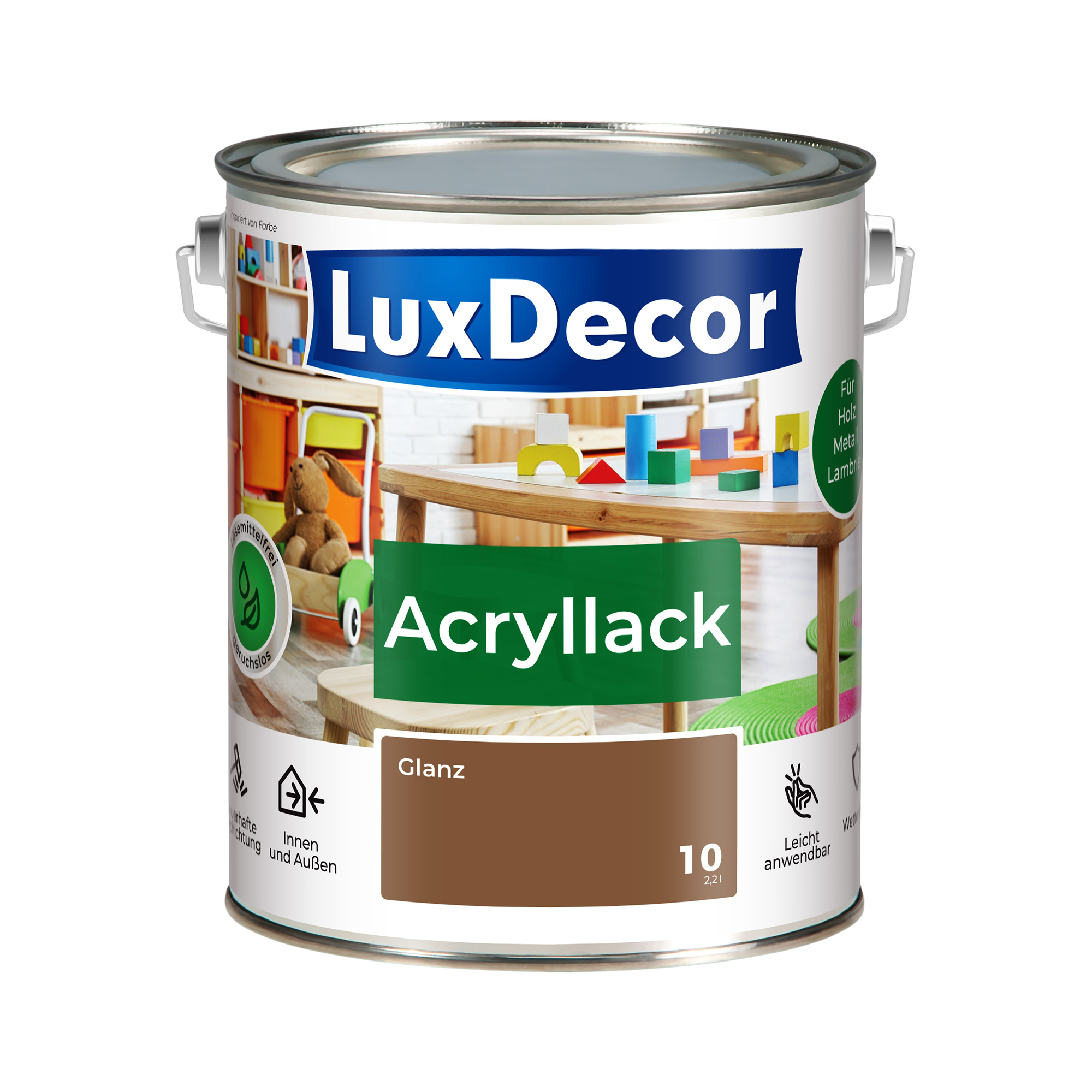 Emalia akrylowa 2,2L LuxDecor Lakier do metalu i drewna Połysk (10) Haselnusswald/Las orzechowy