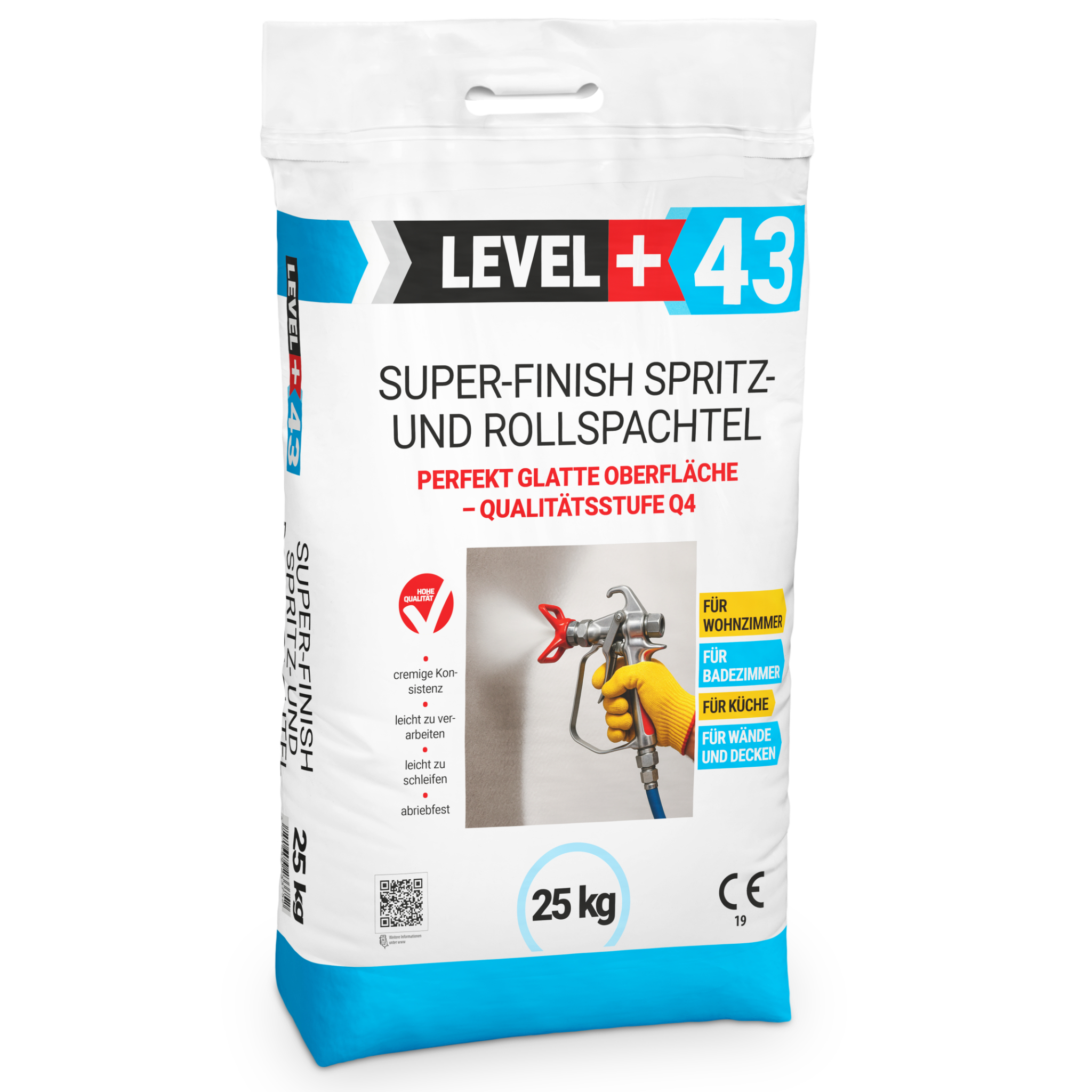 Gladz-do-natryskow-i-walka-25KG-RM43 Biała, super gładka gładź polimerowa worek 50kg LEVEL+ do natrysku hydrodynamicznego i aplikacji wałkiem L+43